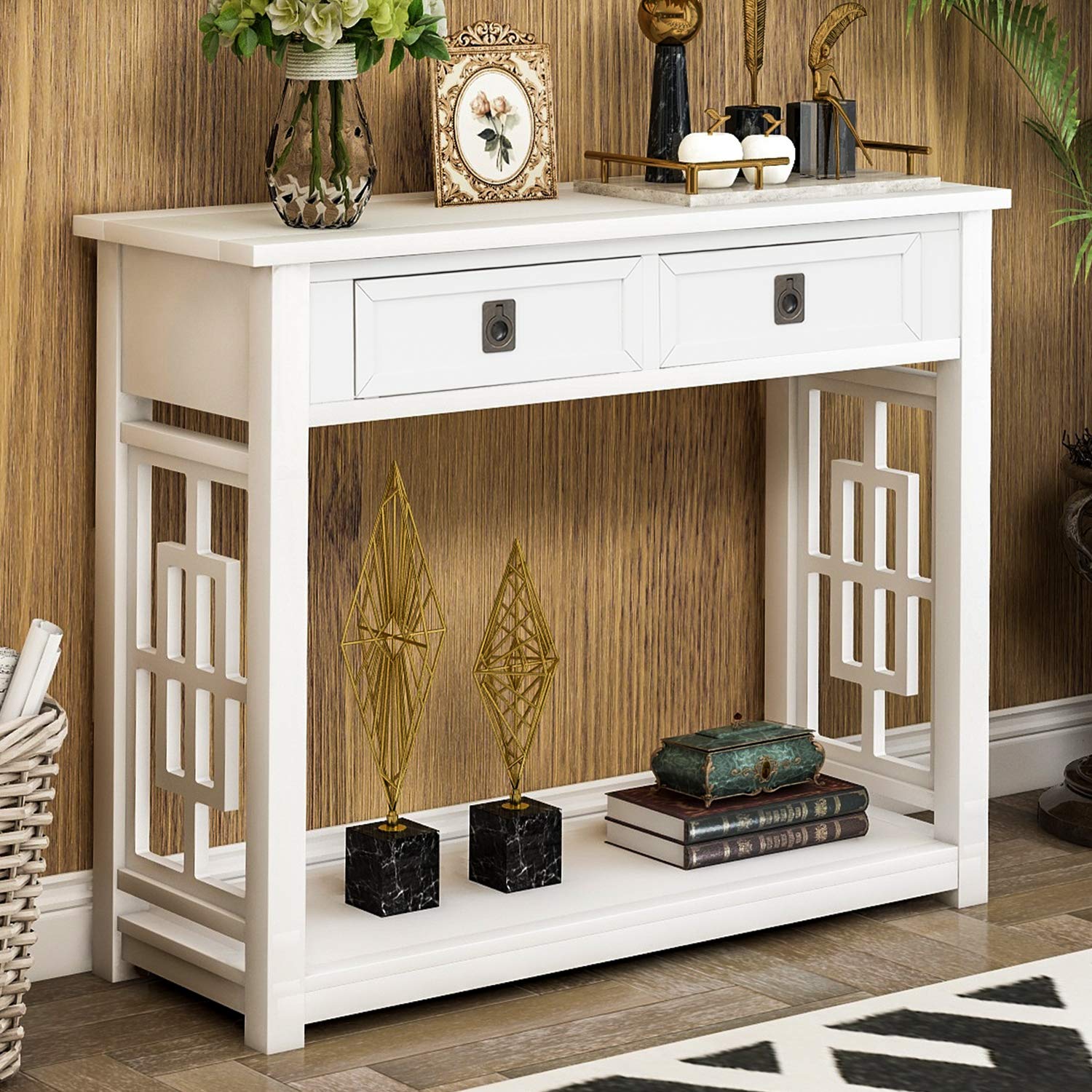 Rustic Brushed White Console Table with 2 Drawers & Bottom Shelf - Entryway Sofa Table for Living Room, Hallway - Easy Assembly Farmhouse Sideboard with Cut-Out Design (Perfect for Small Spaces & Home Decor)