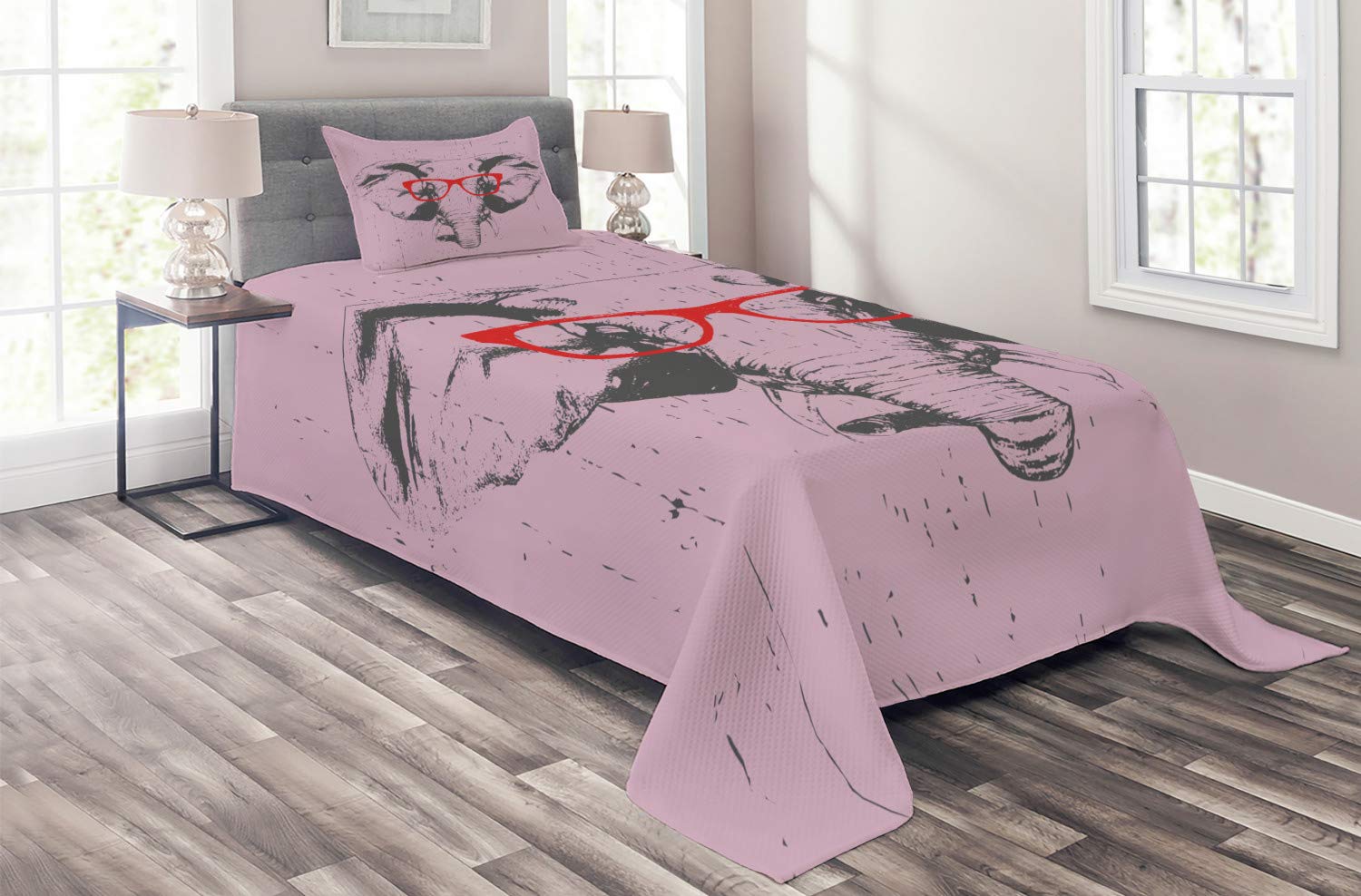 Ambesonne Hipster Coverlet Set - Grunge Funny Elephant Portrait with Glasses, 2-Piece Quilted Bedspread & Pillow Sham, Twin Size in Pale Rose Charcoal Grey Vermilion | Bohemian Bedroom Decor, Dorm Room Essentials, Unique Gift for Animal Lovers