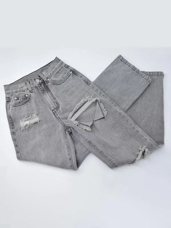 Women's Straight Ripped Jeans with Ankle Slits - Trendy Distressed Denim Pants for Casual Outfits & Streetwear Fashion