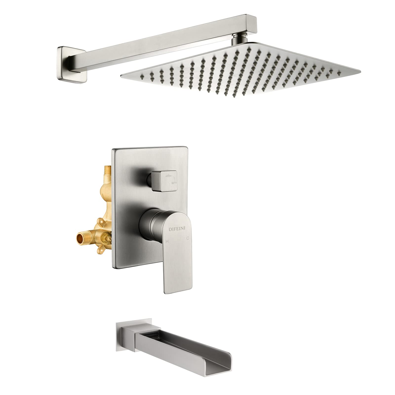 Waterfall Shower Faucet Set with Tub Spout - Brushed Nickel Wall Mount Shower System with Rough-in Valve - Perfect for Modern Bathroom Renovations & Spa-Like Showers