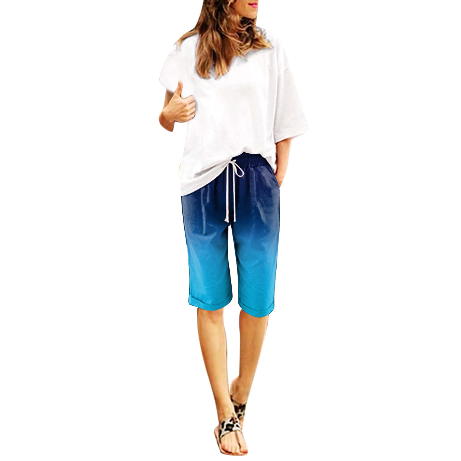 AMDBEL High Waist Bermuda Jean Shorts for Women - Long Lounge Biker Shorts with Pockets, Yoga Running Workout Athletic Cycling Hiking Sports Shorts for Casual Wear, Gym, and Outdoor Adventures