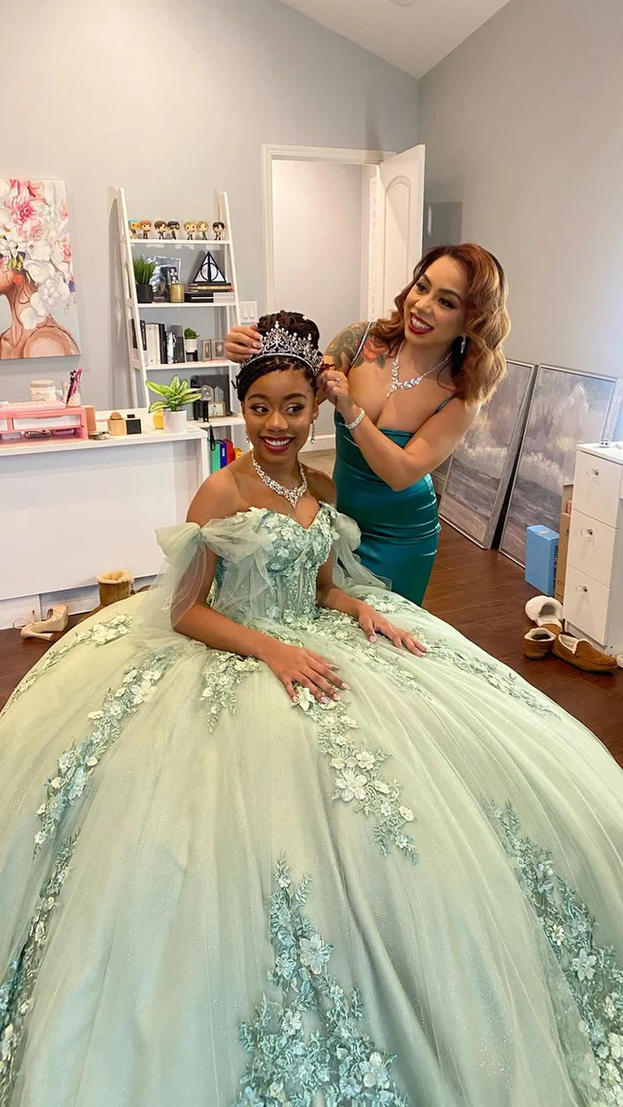 Elegant Sage Green Lace Off-the-Shoulder Ball Gown Dress for Sweet 16 & Quinceañera | Perfect for Prom, Homecoming, and Formal Events - Style J4581