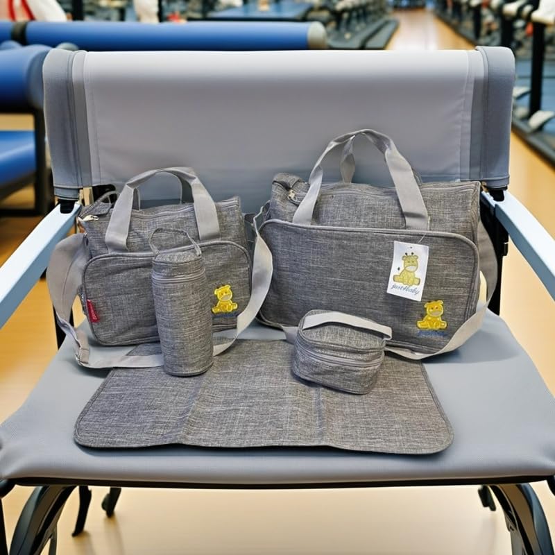 Just4baby 5pcs Waterproof Diaper Changing Bags - Grey Large Set with Multi Sections for Baby Care & Travel