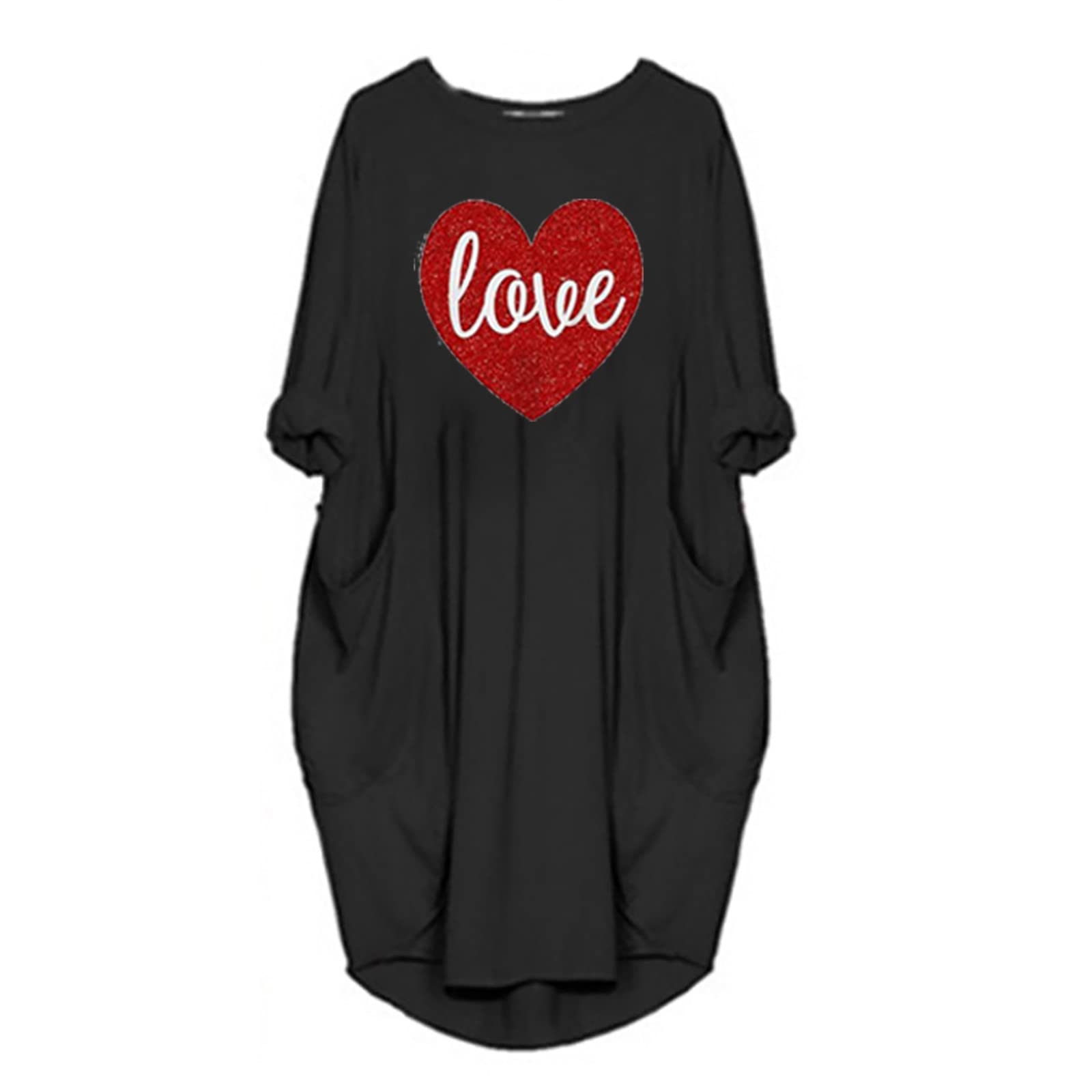 BFAFEN Women's Plus Size Valentine Print Dress - Round Neck Long Sleeve Casual Loose Fit Dress with Pockets for Valentine's Day, Date Night & Holiday Parties