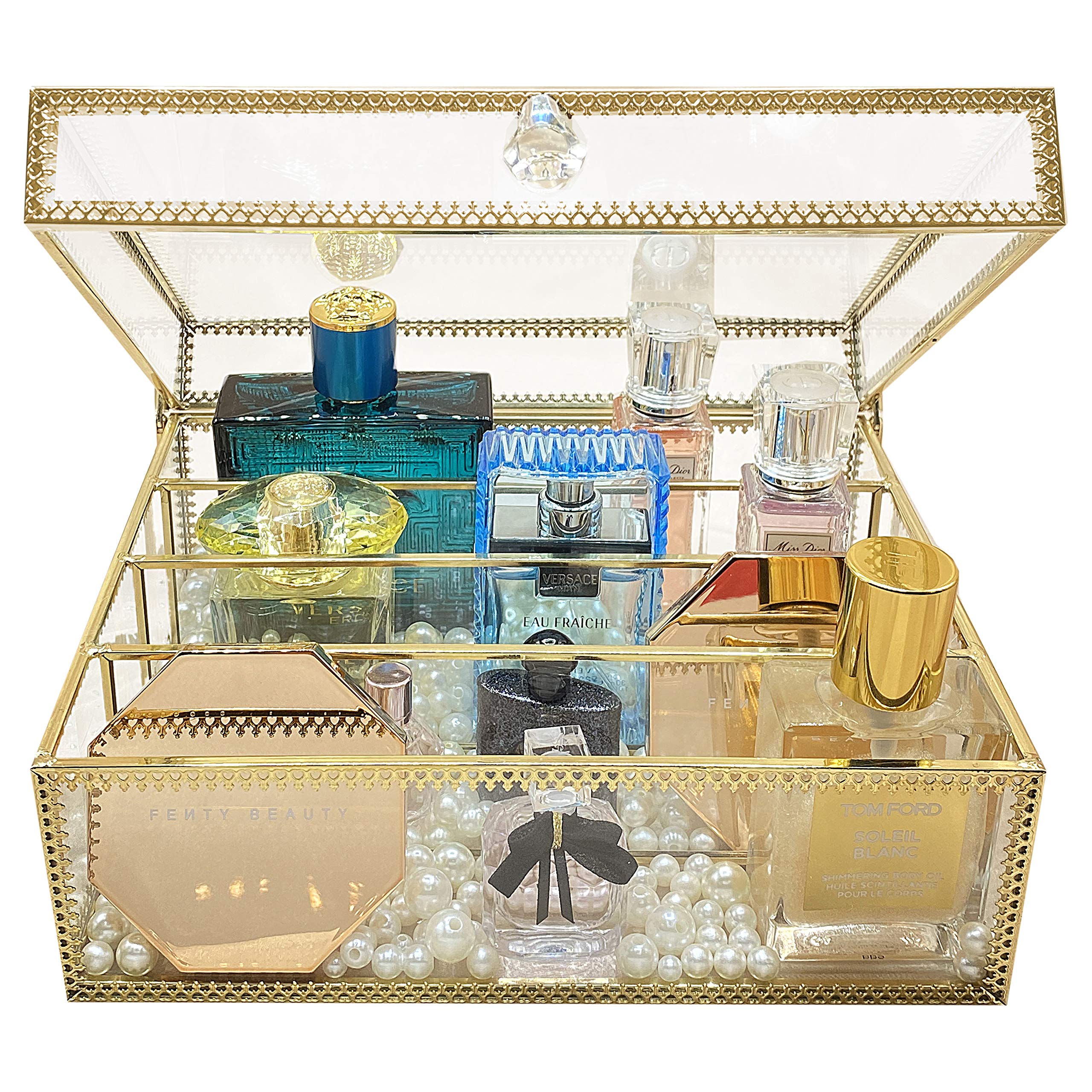 LORIINI Clear Acrylic Makeup Organizer with Gold Frame - Spacious Cosmetic Storage for Vanity, Bathroom, Bedroom - Perfect for Lipsticks, Brushes & Skincare Products