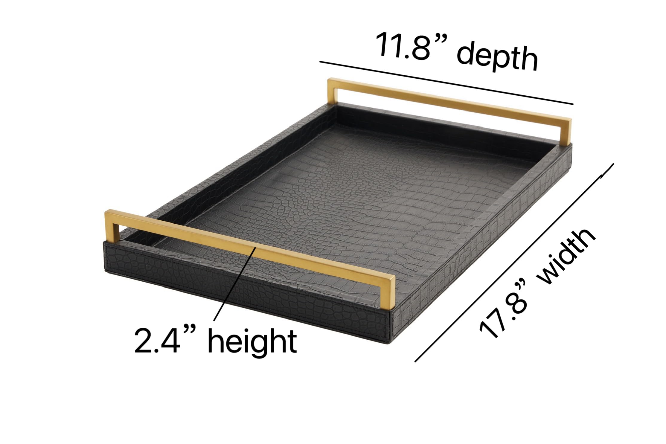 17.8x11.8 Inch Black Leather Ottoman Tray with Brushed Gold Handles - Large Decorative Serving Tray for Bars, Parties & Dining - Modern Home Decor for Living Room, Bedroom & Bathroom Vanity