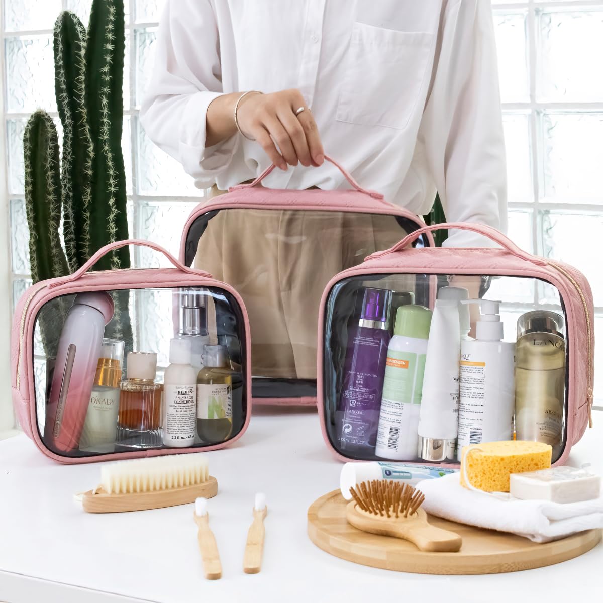 FUNSEED Large Travel Toiletry Bag Set - 3 Pack Clear Makeup Bags with Handles, Waterproof PVC Cosmetic Organizer for Women & Men (Pink) | Perfect for Air Travel, Gym, Beach & Daily Essentials Storage
