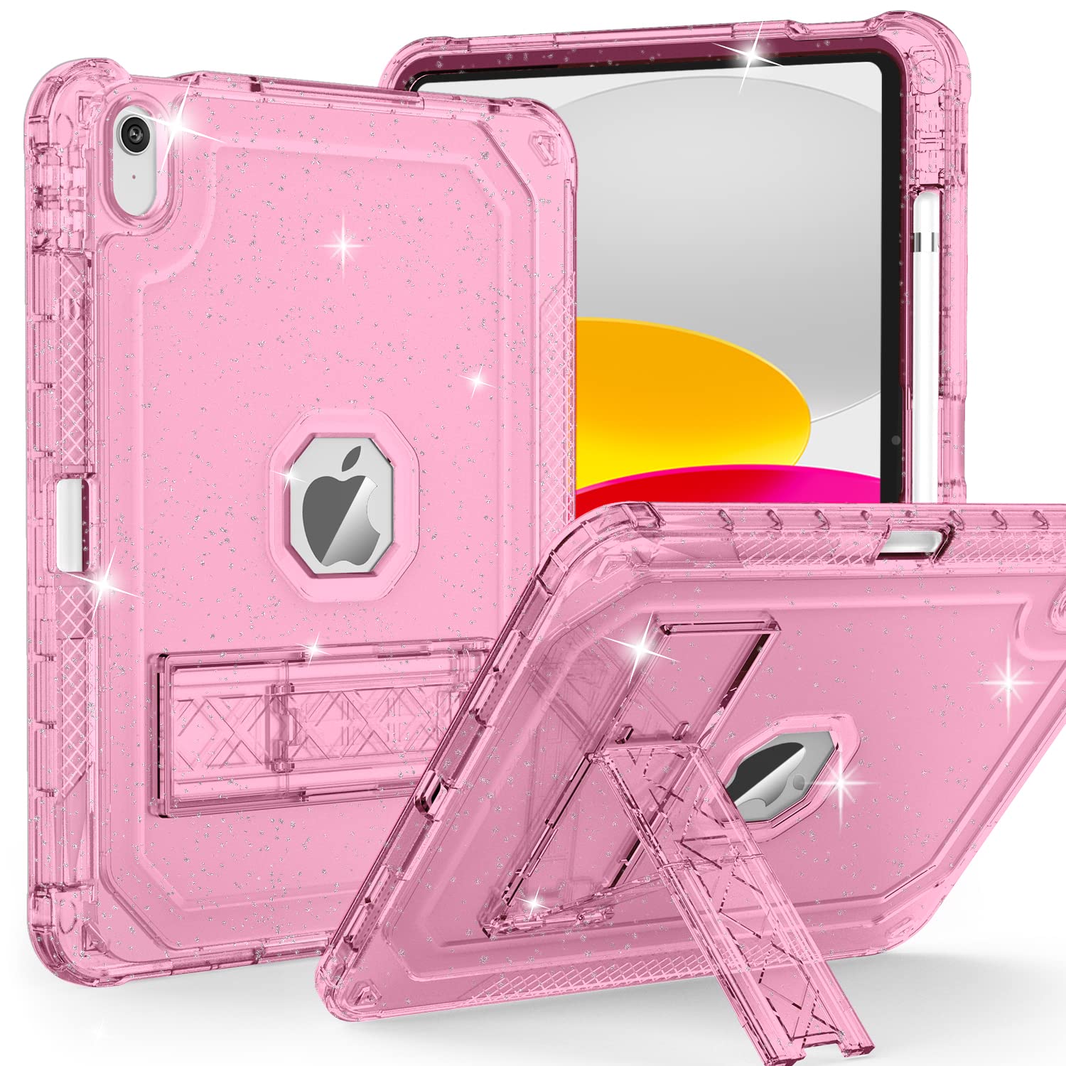 Shockproof Rugged iPad Case for iPad 11-inch (A16) 2025 & iPad 10th Gen 10.9 inch 2022 - Heavy Duty Protective Cover with Pencil Holder, Translucent Kickstand & Glitter Design - Perfect for Kids, Travel & Everyday Use