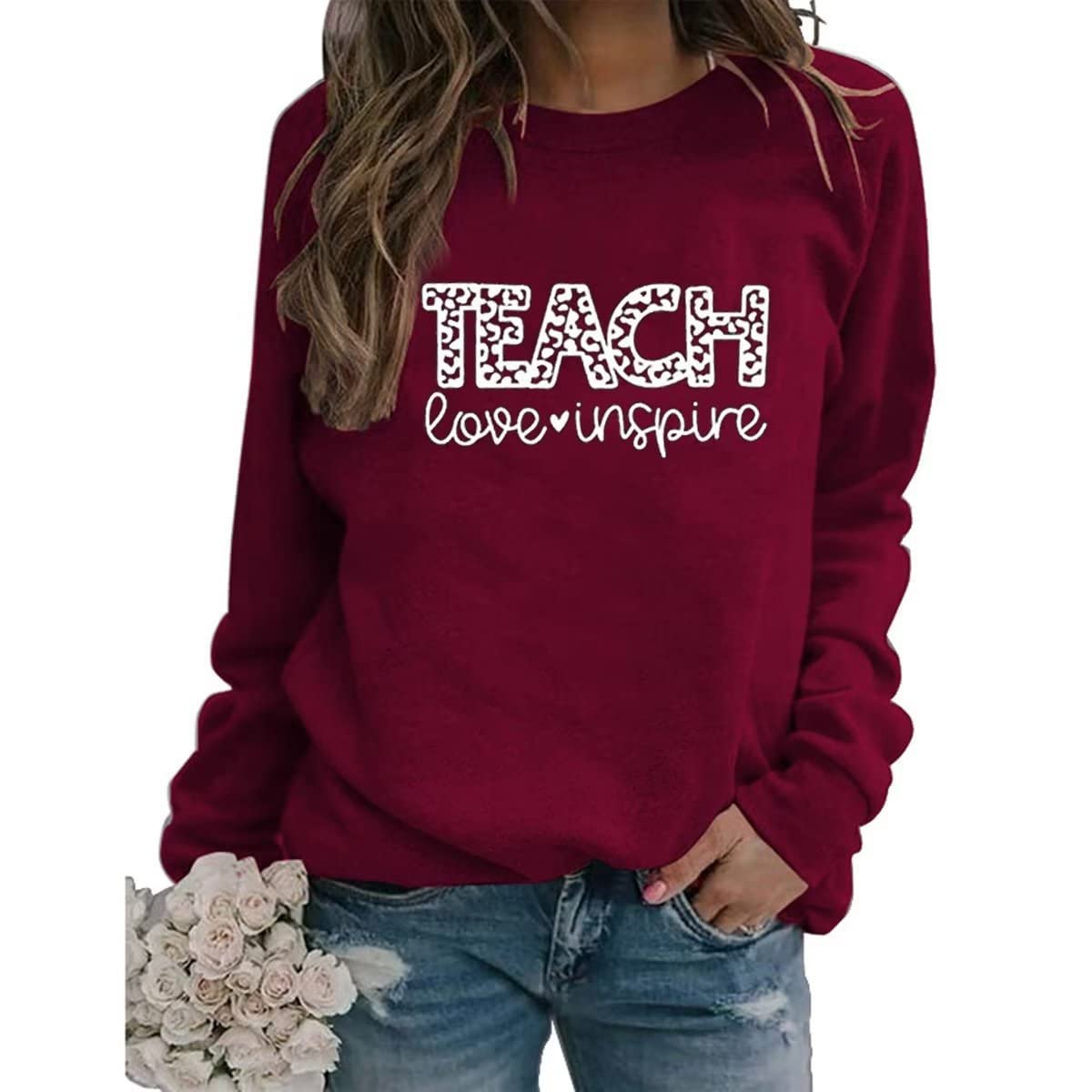 Women's Casual Sweatshirt - 'Teach Love Inspire' Leopard Print Long Sleeve Pullover - Comfortable Teacher Gift Shirt for School, Work & Everyday Wear