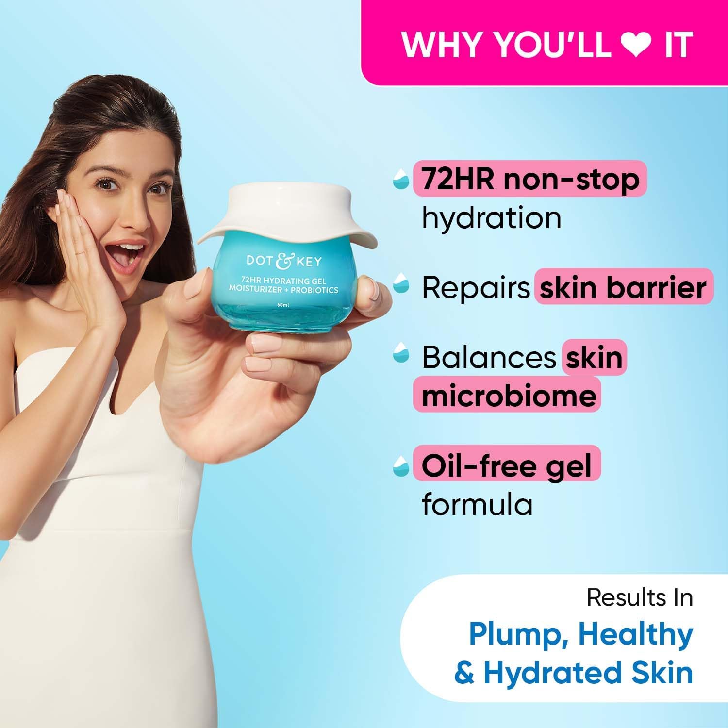 DOT&KEY 72Hr Hydrating Gel Face Moisturizer with Hyaluronic Acid, Probiotics, Kombucha & Rice Water - Oil Free Lightweight Gel for Oily, Combination, Dull & Uneven Skin Tone | Daily Skincare Routine, Morning & Night Use for Hydrated Glowing Skin