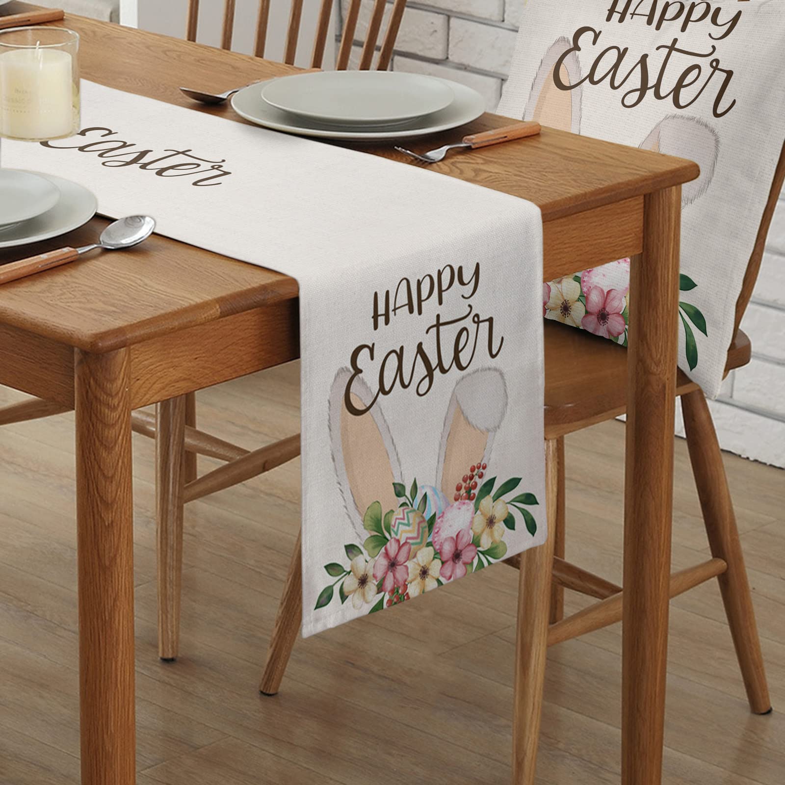 70 Inch Cotton Linen Table Runner - Floral Easter Eggs Bunny Design for Dining Table, Kitchen, Bedroom Decor | Easter Home Decoration & Seasonal Table Setting Accessory