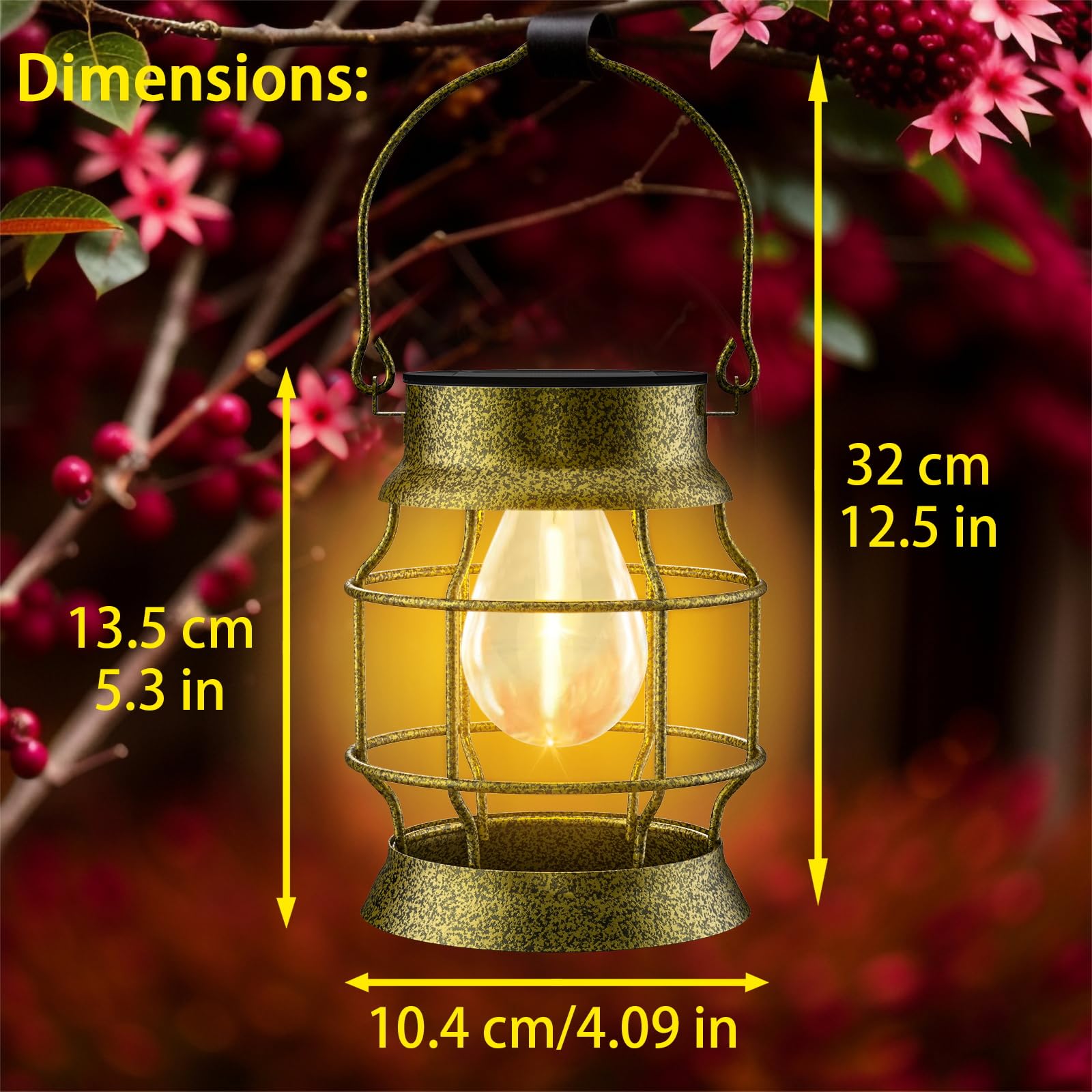 2 Pack Solar Outdoor Hanging Lights - Waterproof Metal Retro Design with Edison Bulb for Patio, Porch, Fence, Garden & Lawn - Solar Powered Decorative Lighting for Outdoor Spaces