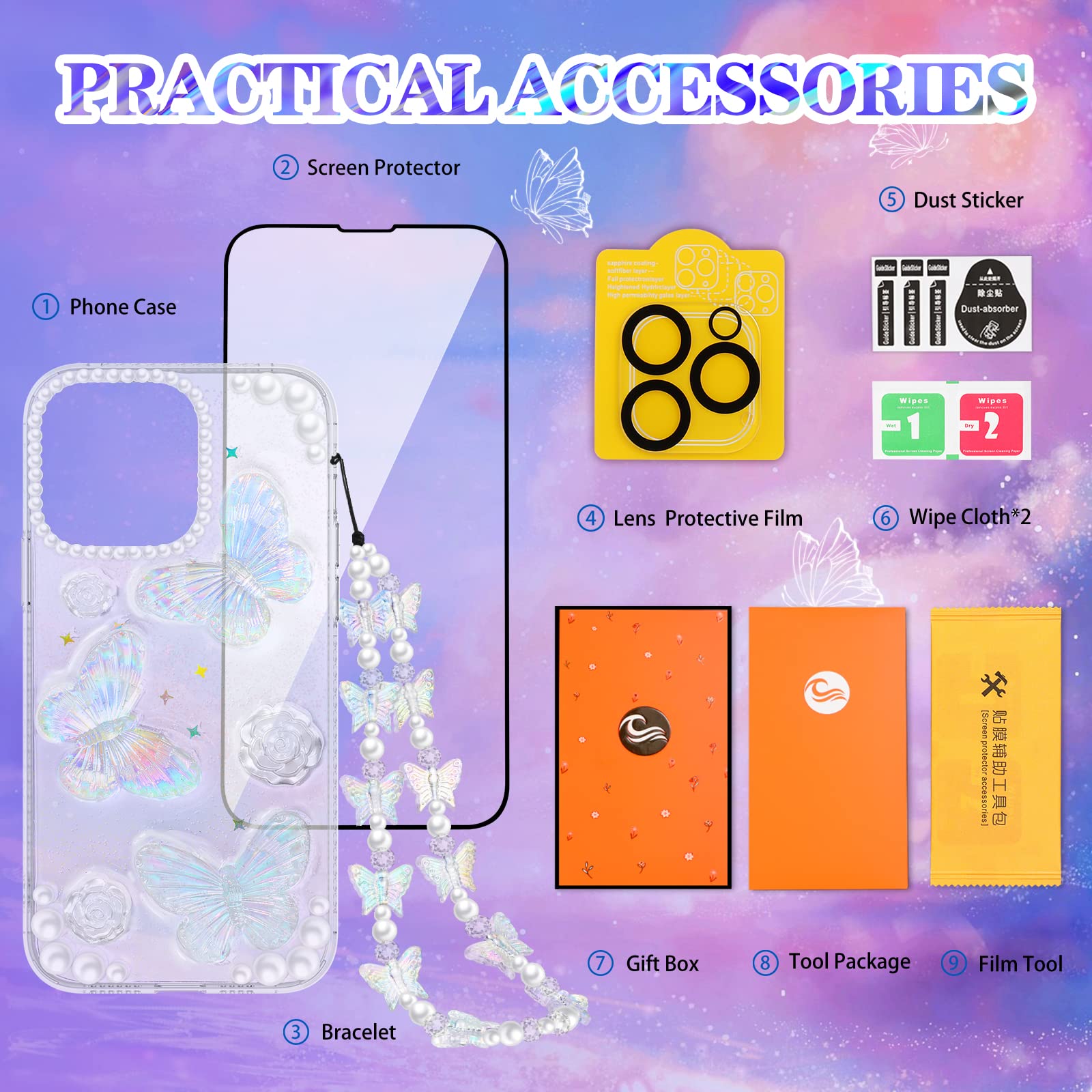 Goocrux 4-in-1 iPhone 13 Pro Case for Women - Glitter Butterfly Sequin Sparkle Clear Phone Cover with Chain, Camera Protector & Screen Protector | Cute Girly Design for Everyday Use & Special Occasions