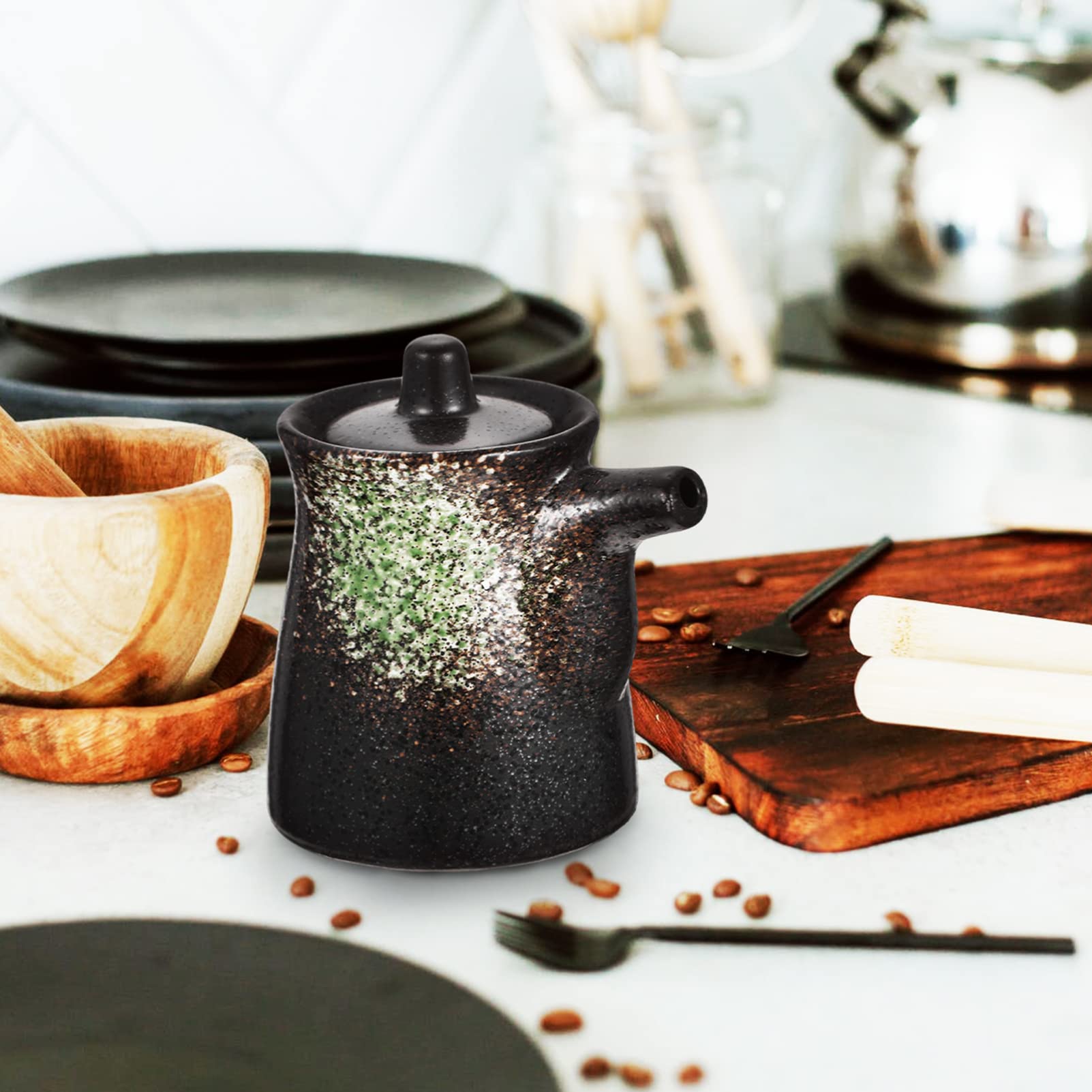Premium Japanese Style Ceramic Soy Sauce Dispenser - Elegant Oil & Vinegar Dispenser with Lid - Perfect for Shoyu, Ponzu & Liquid Condiments - Ideal for Kitchen Countertop & Dining Table Display (Green)