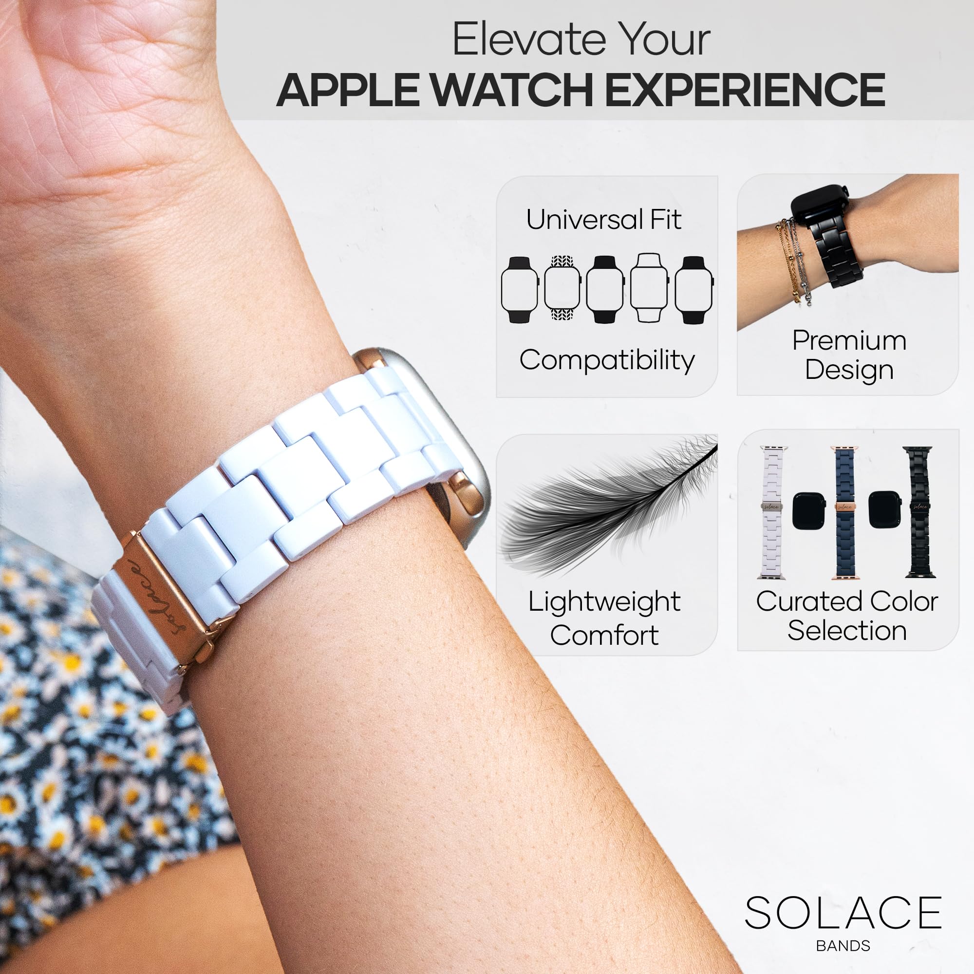 Solace Bands Lightweight Durable Apple Watch Band - Universal Fit for Women & Men, Compatible with iWatch 38mm 40mm 41mm 42mm 44mm 45mm 49mm Ultra, SE & Series 1-10 (Matte Solid) | Perfect for Workouts, Daily Wear & Fashion Accessories