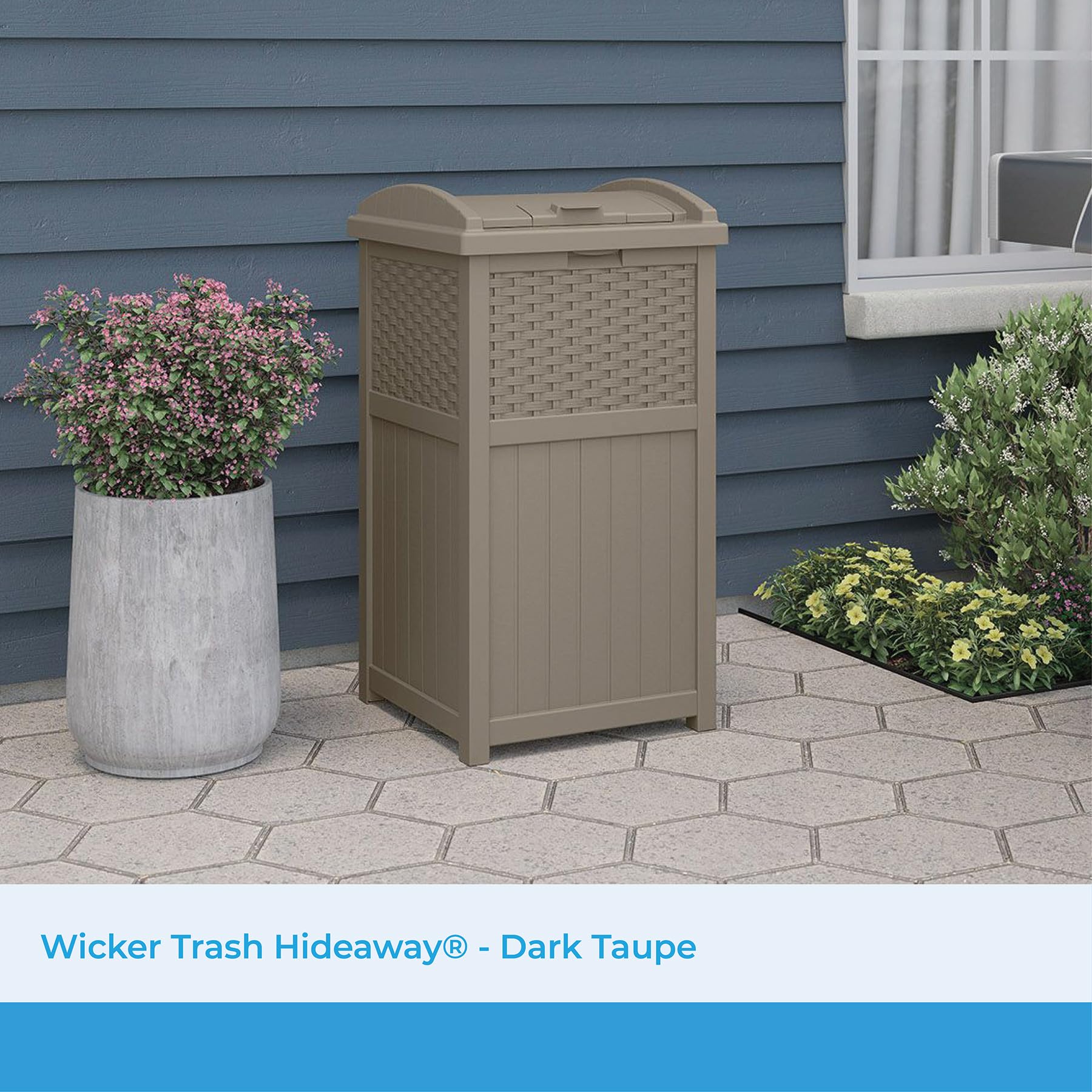 Suncast 33 Gallon Outdoor Trash Can with Lid - Durable Resin Hideaway Garbage Bin for Patio, Backyard & Deck - Weatherproof Dark Taupe Design - Perfect for BBQs, Poolside & Outdoor Entertaining
