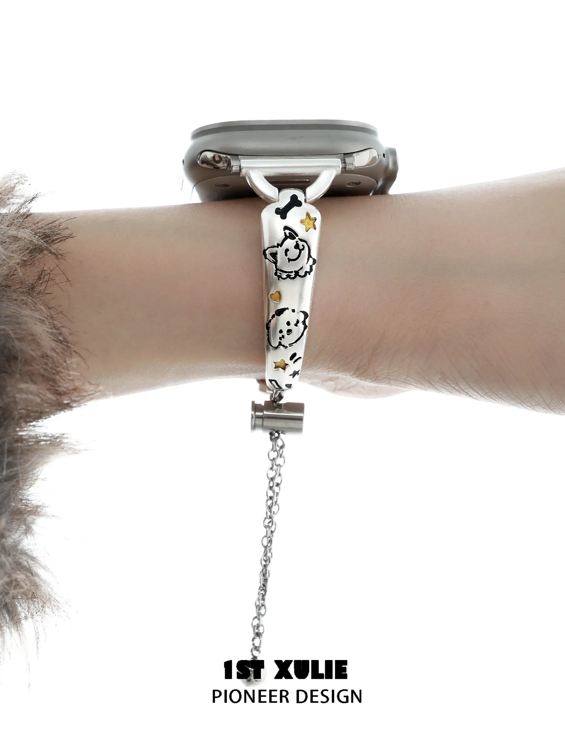 Graffit Kitten Puppy 18k Platinum Plated Metal Apple Watch Band for Women & Men - Stylish & Durable Replacement Strap for Workout, Running, Fashion & Everyday Use