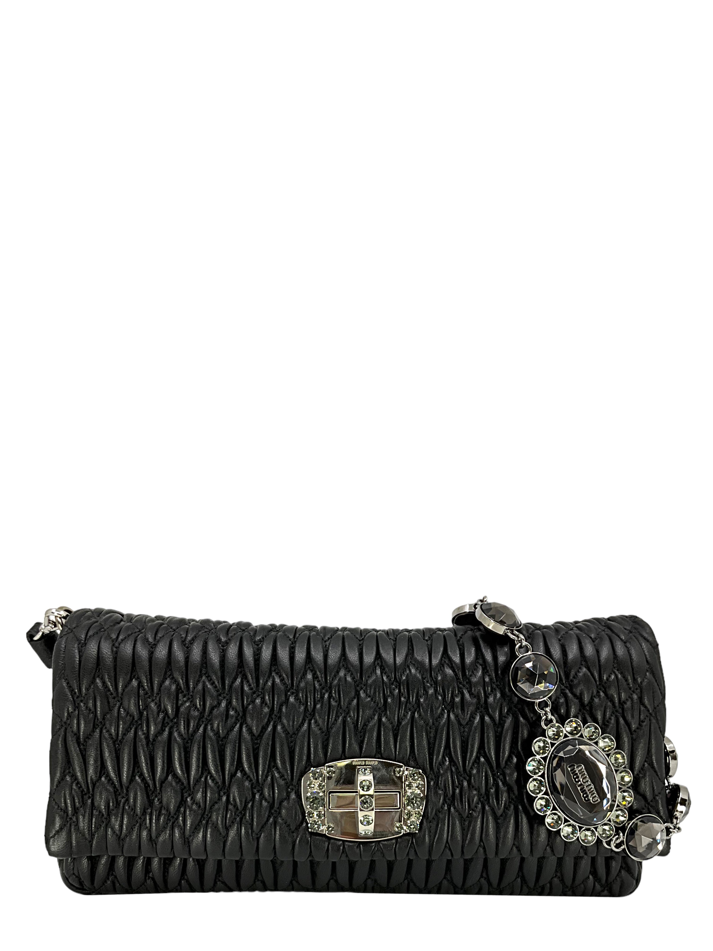 Miu Miu Cloqué Nappa Leather Crystal Flap Bag - Luxury Designer Crossbody Purse for Women | Perfect for Parties, Date Nights & Special Occasions
