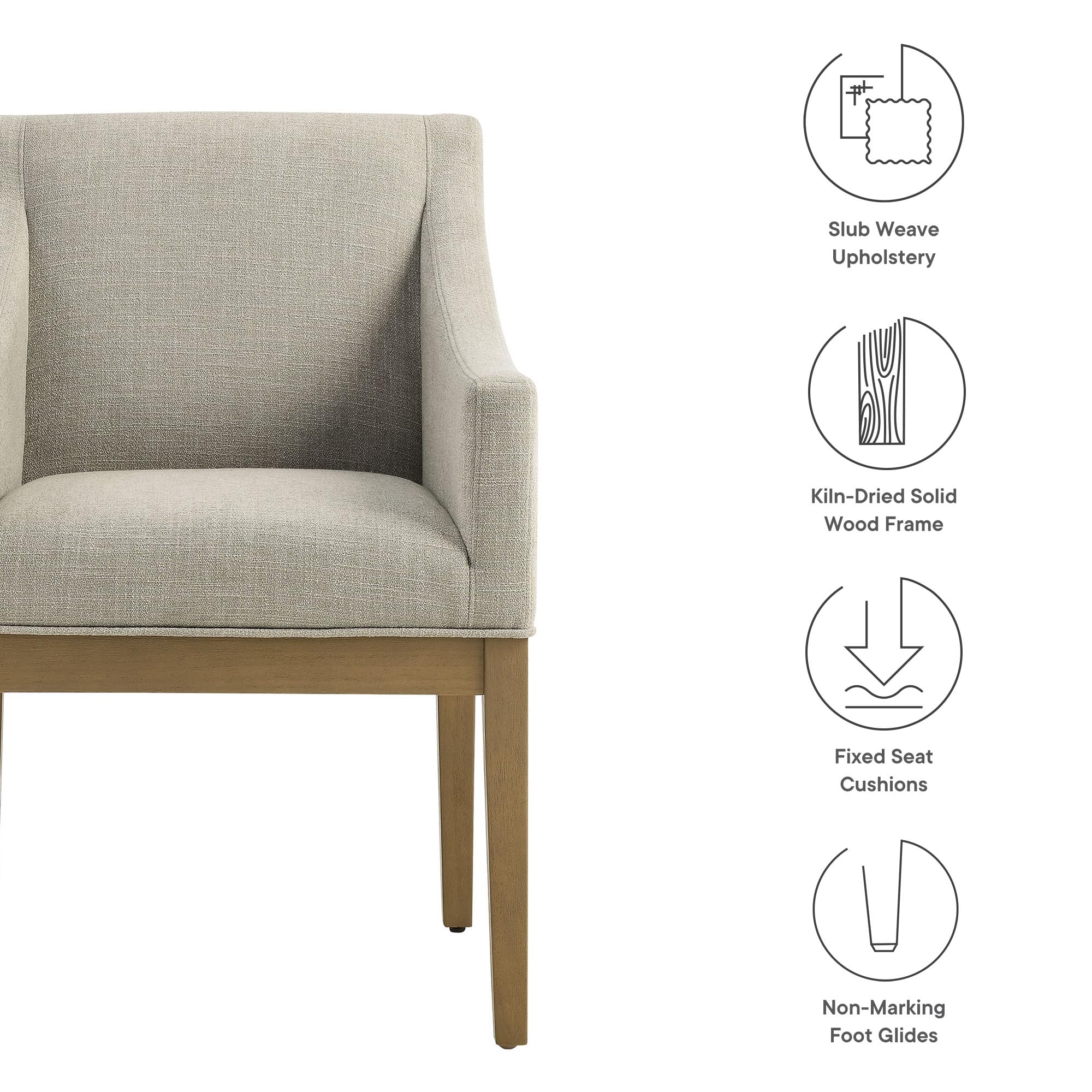Modway Alton Upholstered Dining Chair with Arms in Linen Natural – Mid Century Modern Padded Kitchen Chair with Wood Legs – Fabric Accent Chair for Dining Room, Living Room & Office