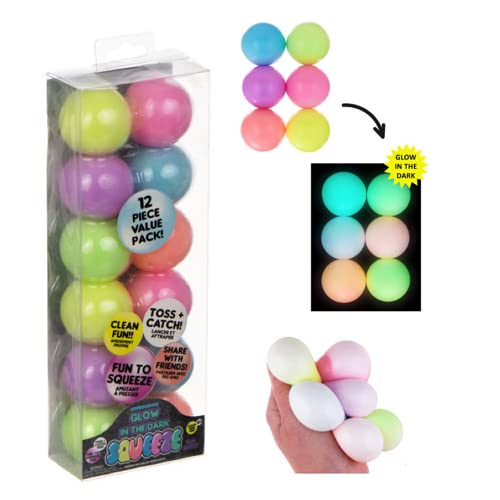 12 Pack Glow in The Dark Squishy Stress Balls - Sensory Fidget Toys for Kids & Adults | Non-Toxic Squeeze & Throw Fun Balls | Perfect for Anxiety Relief, Party Favors, Classroom Rewards & Nighttime Play
