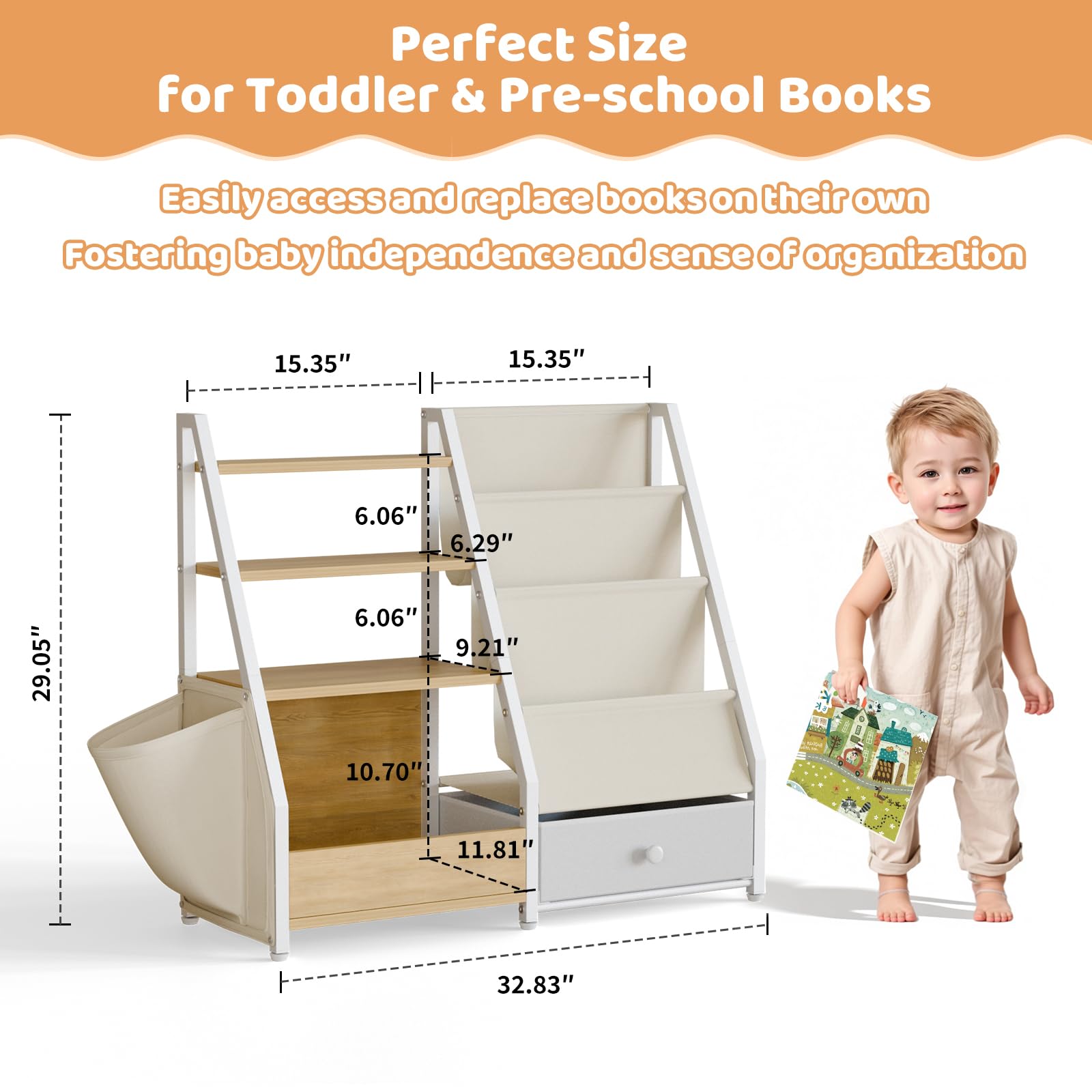 Kids Bookshelf and Toy Storage Organizer - White Wooden Bookcase for Nursery, Toddler Room & Montessori Playroom - Perfect for Organizing Books, Toys & Learning Materials