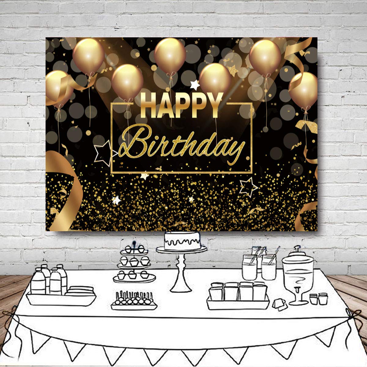 Happy Birthday Party Backdrop Banner - 8x6ft Black & Gold Glitter Balloon Photography Background for Adult Birthday Decorations, Cake Table & Photo Booth | Perfect for Bday Parties, Celebrations & Social Media Photos