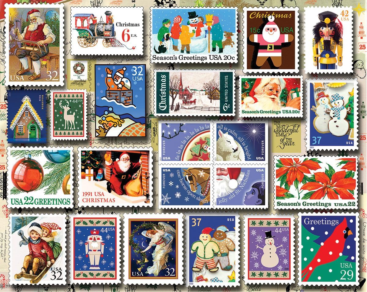 Christmas Jigsaw Puzzle 1000pc - Winter Holiday Stamps for Adults & Family Fun