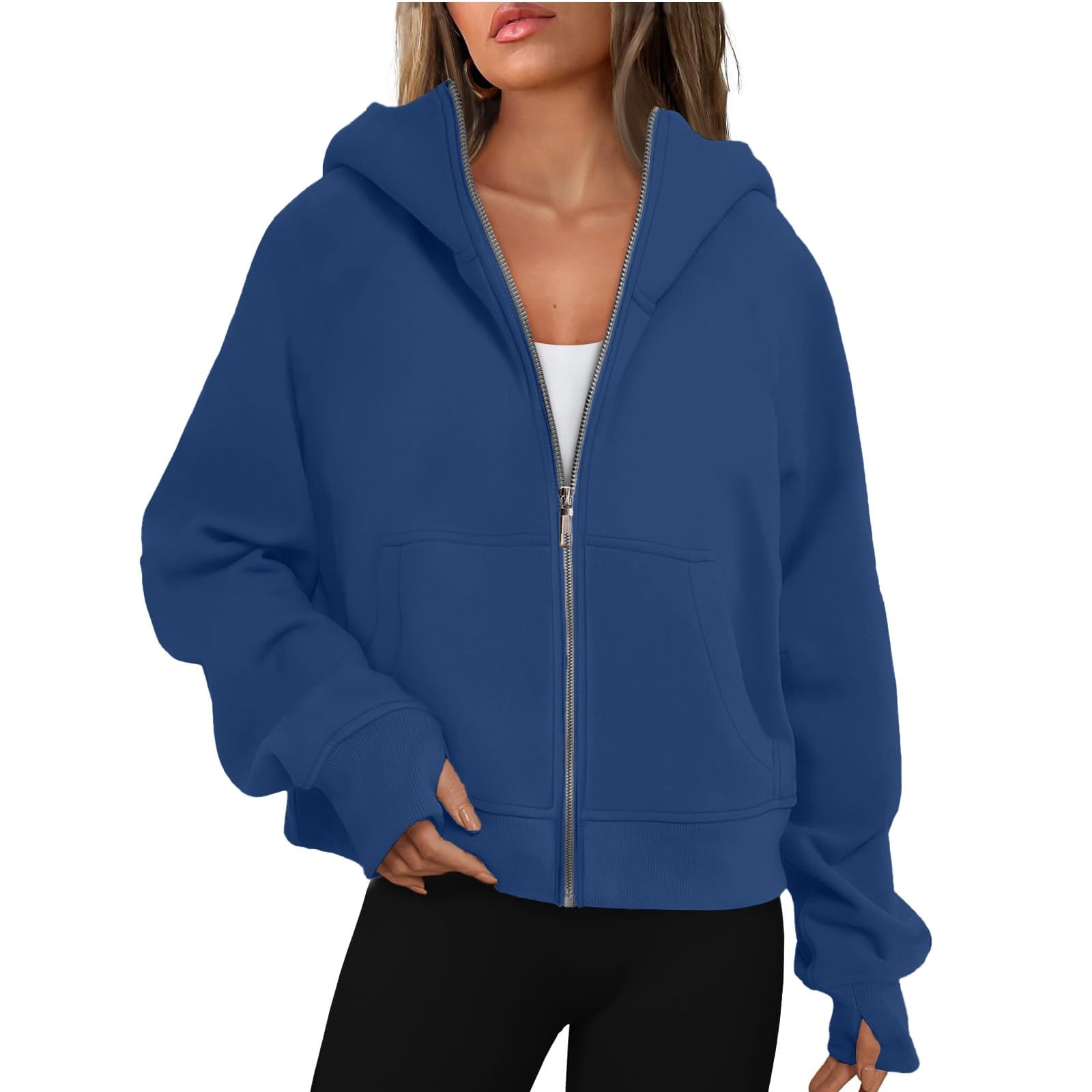Women's Cropped Zip Up Hoodies with Thumb Holes - Y2K Style Fleece Jackets for Fall & Winter 2024 - Cozy Casual Outfits for Streetwear, Gym, and Everyday Wear