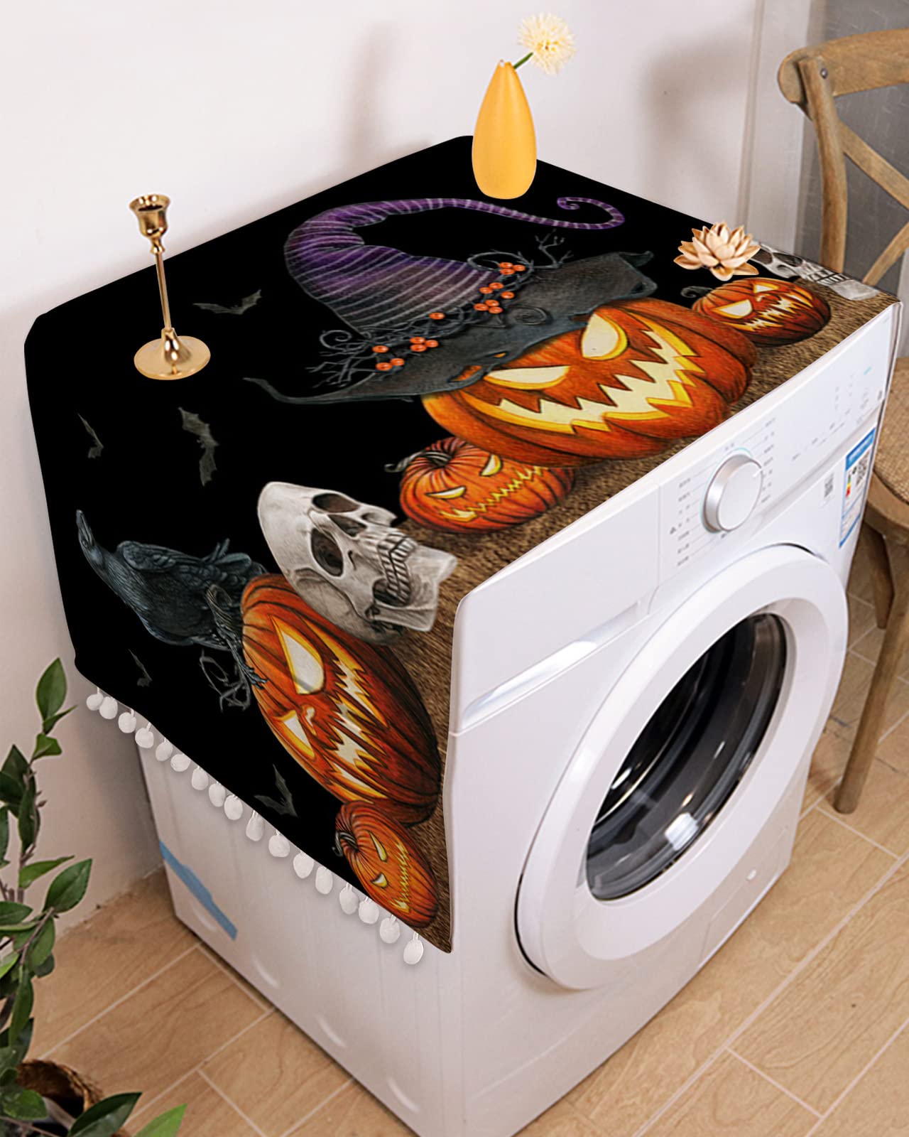 Halloween Refrigerator Cover, Cabinet Cover, Microwave Cover - Scary Pumpkin Bat Design with Side Storage Pockets, 12x35 Inch, Polyester Dust Protector for Kitchen Appliances | Perfect for Halloween Decor, Party Supplies & Home Protection