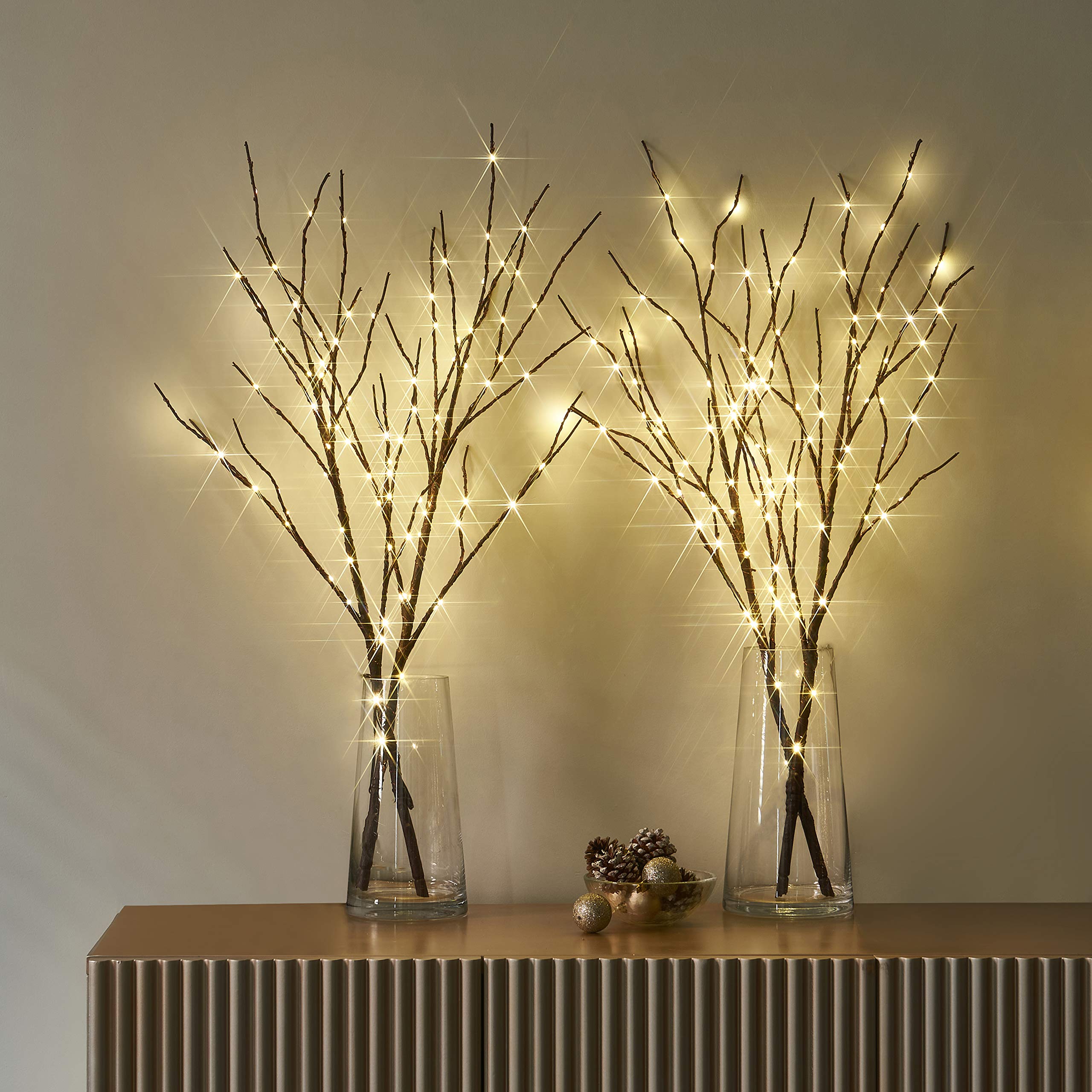 LITBLOOM 32IN 100 LED Lighted Brown Willow Branches - Battery Operated with Timer, Warm White Waterproof Lights - Set of 2 for Holiday Decor, Christmas Tree, Wedding Centerpiece, Party & Home Decoration
