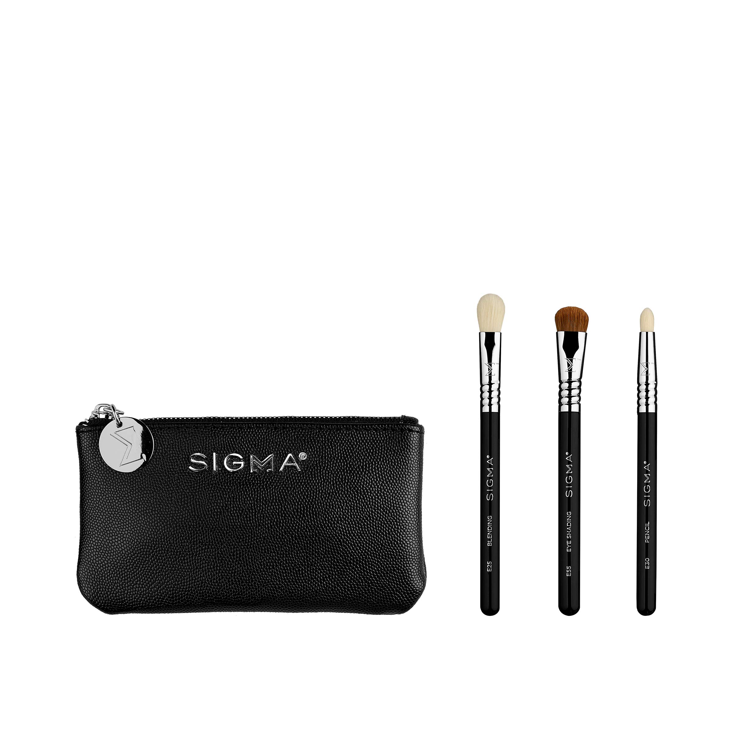 Sigma Beauty Glam 'N Glow Mini Eye Makeup Brush Set – 3 Professional Brushes for Blending, Shading & Eyeliner | Perfect for Travel & Everyday Makeup | Includes Black Makeup Pouch (4 Pcs)