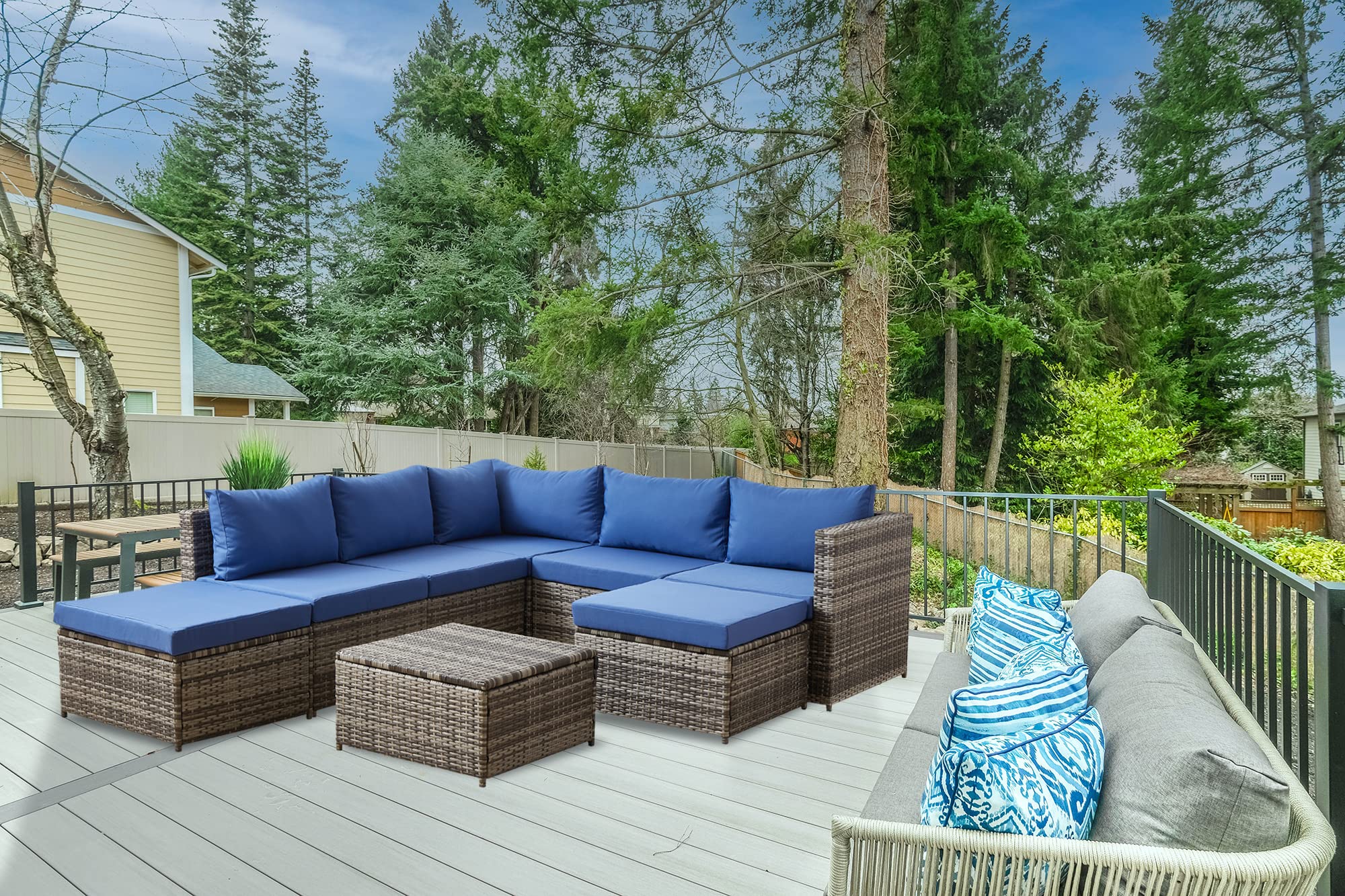 8-Piece All-Weather PE Rattan Outdoor Patio Sofa Set with Storage Table - Brown & Blue Wicker Sectional Couch for Garden, Poolside, and Backyard Relaxation