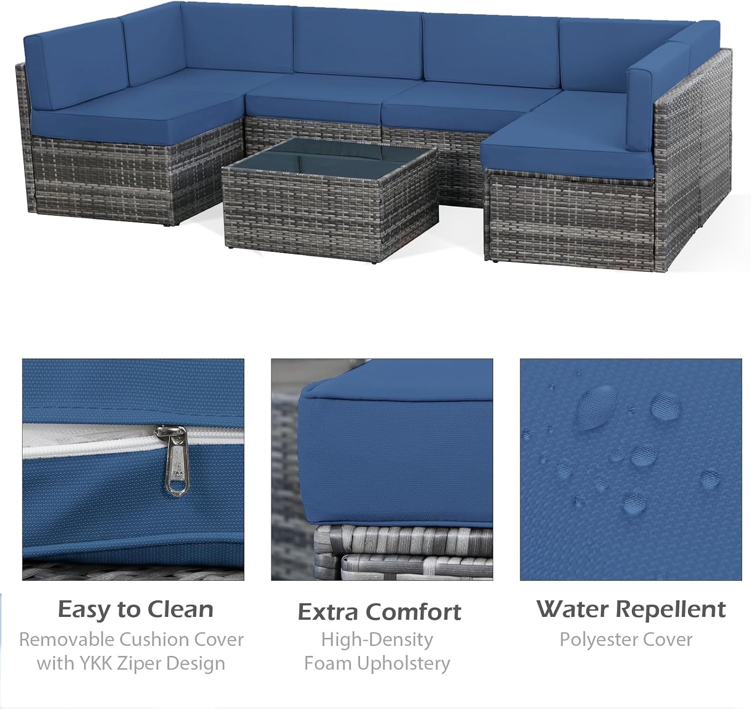 U-MAX 7-Piece Outdoor Patio Furniture Set - PE Rattan Wicker Sectional Sofa with Cushions & Coffee Table - Grey Rattan & Navy Blue Cushions - Perfect for Garden, Poolside, and Backyard Relaxation