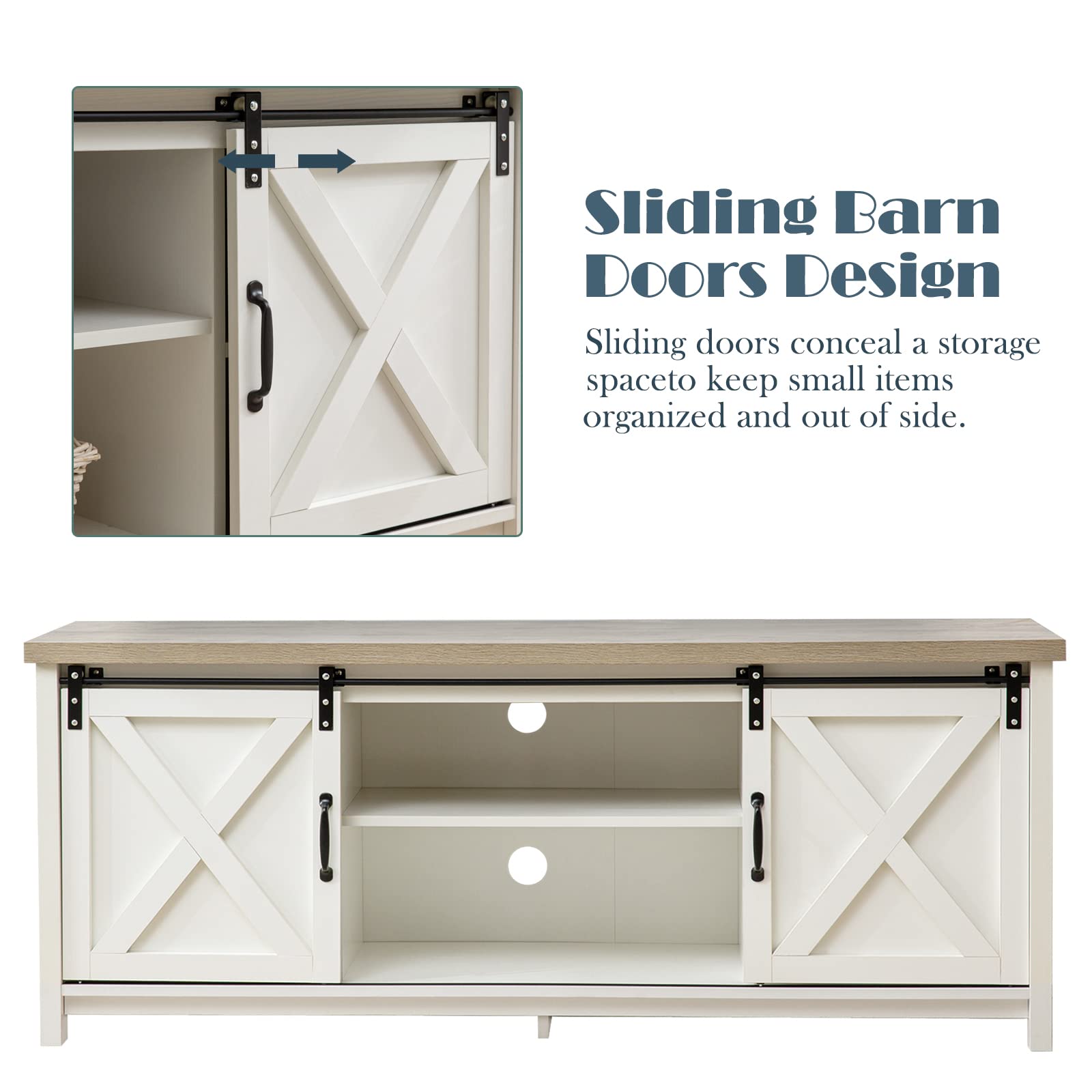 Modern Farmhouse TV Stand with Sliding Barn Doors - 65 Inch Rustic Media Console with 2-Tier Storage Cabinets - Antique White Entertainment Center for Living Room & Bedroom - Perfect for Farmhouse Decor & Cozy Family Movie Nights