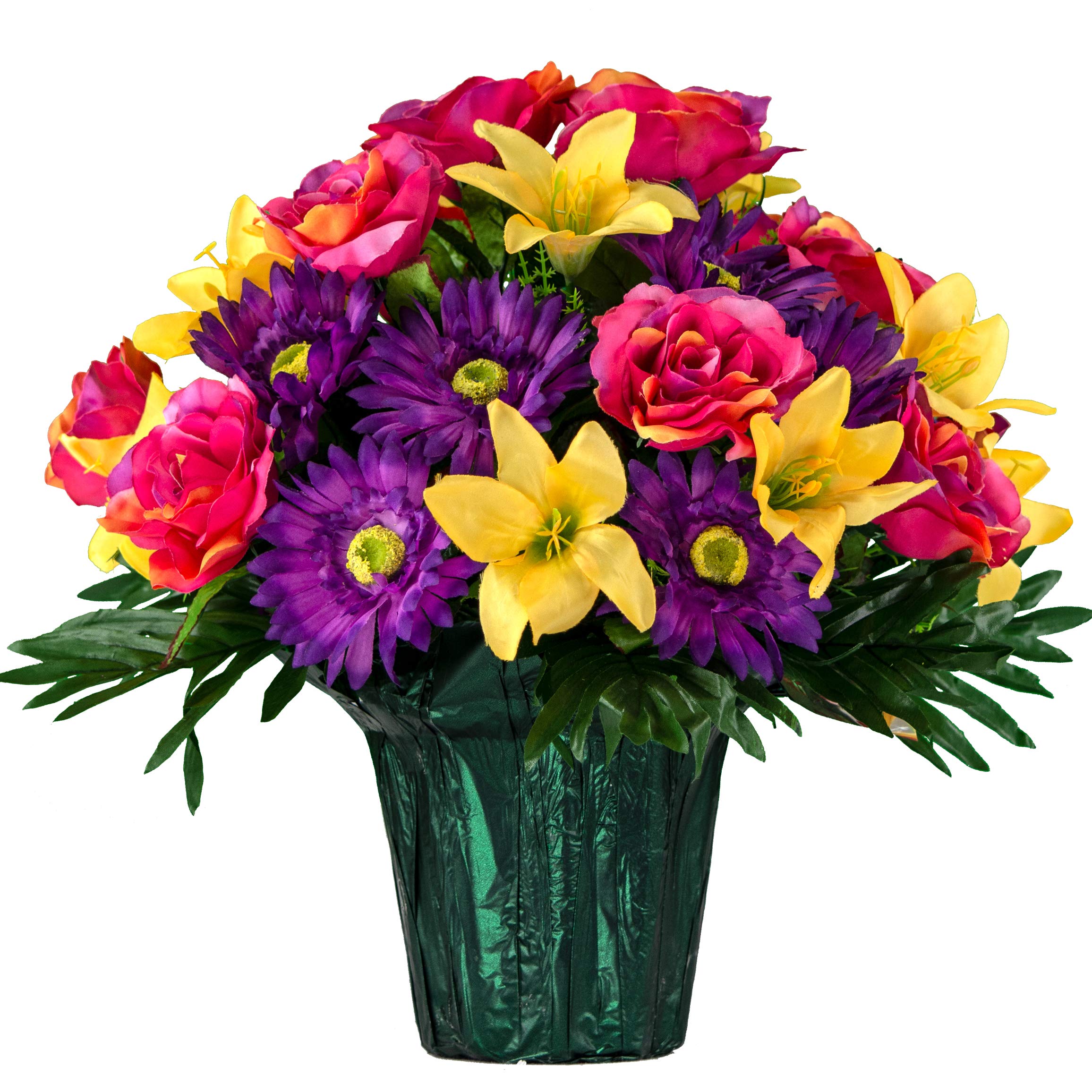 Sympathy Silks Artificial Flowers - Weighted Pot Bouquet for Home & Office Decor - Fade Resistant Rainbow Sherbet Rose Lily Daisy Mix - Perfect for Memorials, Weddings & Table Centerpieces
