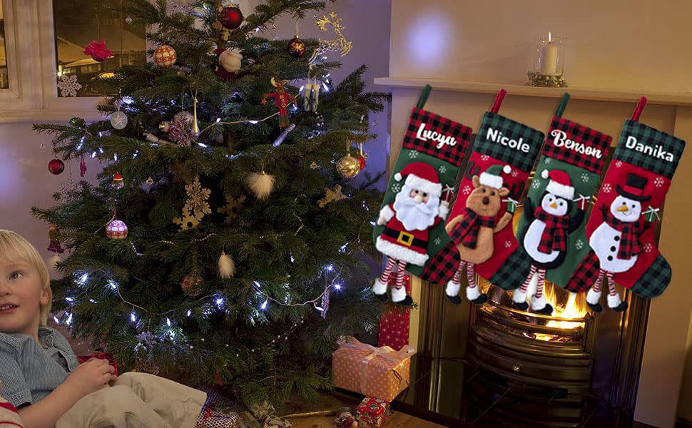 2 Pack Personalized Christmas Stockings - 3D Buffalo Plaid Red & Green Large Fireplace Hanging Stockings for Holiday Decor - Family Xmas Stocking Set of 2 - Perfect for Fireplace Mantel, Staircase & Festive Home Decor