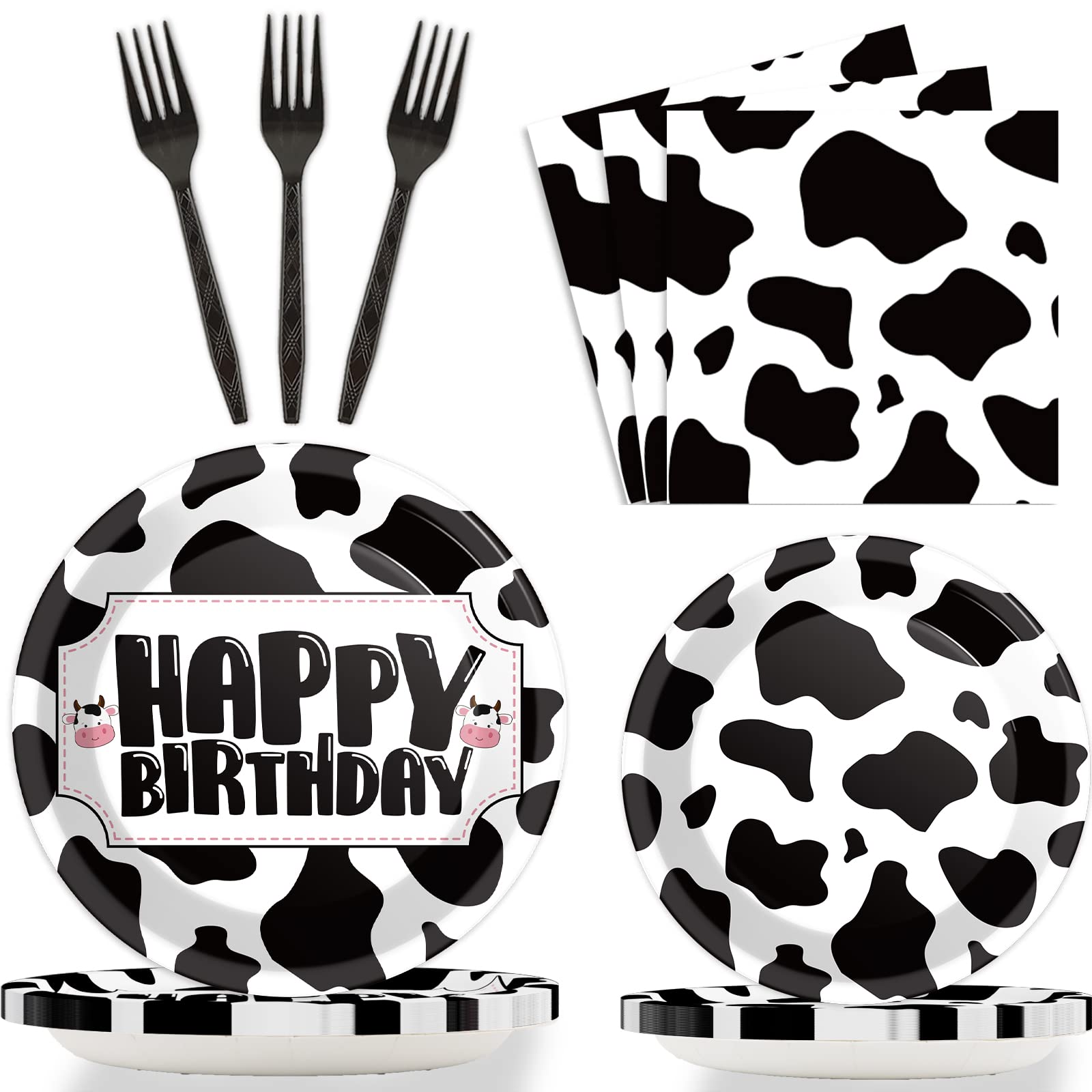 96 Pcs Farm Animal Cow Print Birthday Party Supplies - Cow Themed Party Decorations, Tableware Set with Paper Plates, Napkins & Forks for 24 Guests - Perfect for Kids Birthday Parties, Baby Showers & Farm-Themed Events