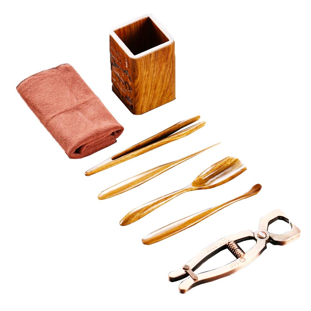 **7-Piece Handmade Bamboo Tea Set - Tea Spoons, Tea Needles, Tea Clips & Kung Fu Tea Accessories - Brown (20.8x18cm) - Perfect for Tea Ceremonies, Home Brewing & Gifts**