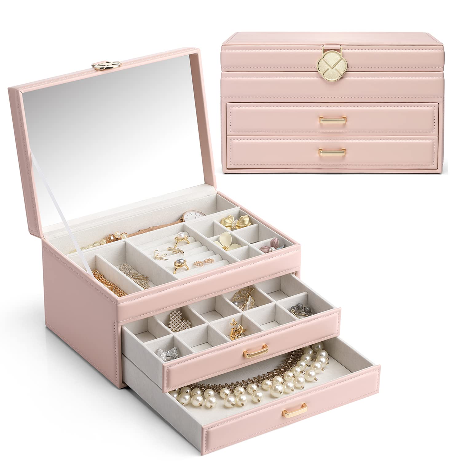 Vlando Pink Leather Jewelry Box Organizer with Mirror & 2 Drawers - Elegant Jewelry Display Case for Necklace, Ring & Earring Storage - Perfect for Bedroom Vanity, Travel & Gift Giving