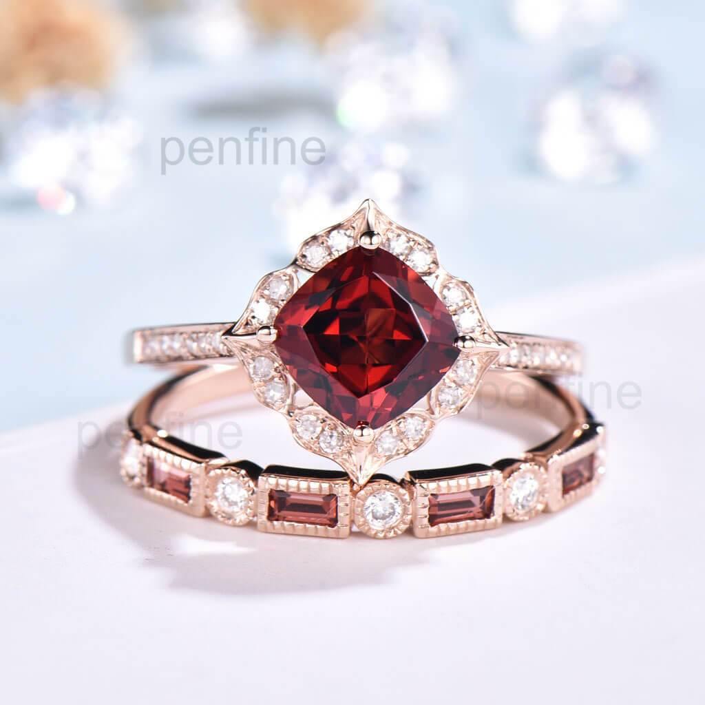 Floral Garnet and Diamond Wedding Ring Set - January Birthstone Jewelry for Engagement, Anniversary & Special Occasions