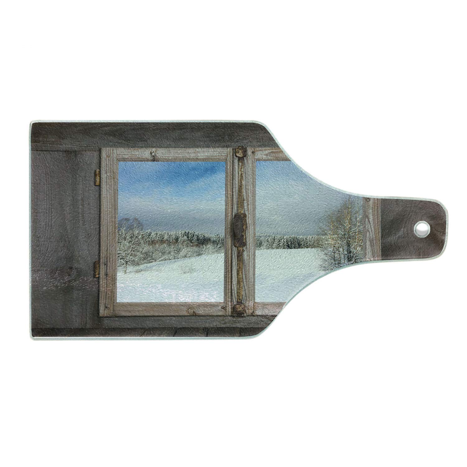 Ambesonne Rustic Wooden Window Winter Scene Cutting Board - Snowy Country House Vintage Design, Tempered Glass Serving Tray for Cheese, Charcuterie & Wine - Perfect for Holiday Entertaining & Kitchen Decor (Umber White Blue)
