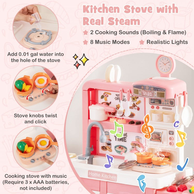 Pink Kids Play Kitchen Toy Set with Stove, Sink & Oven - Realistic Light & Sound Effects for Pretend Cooking - Perfect for Preschool Learning & Role Play Games