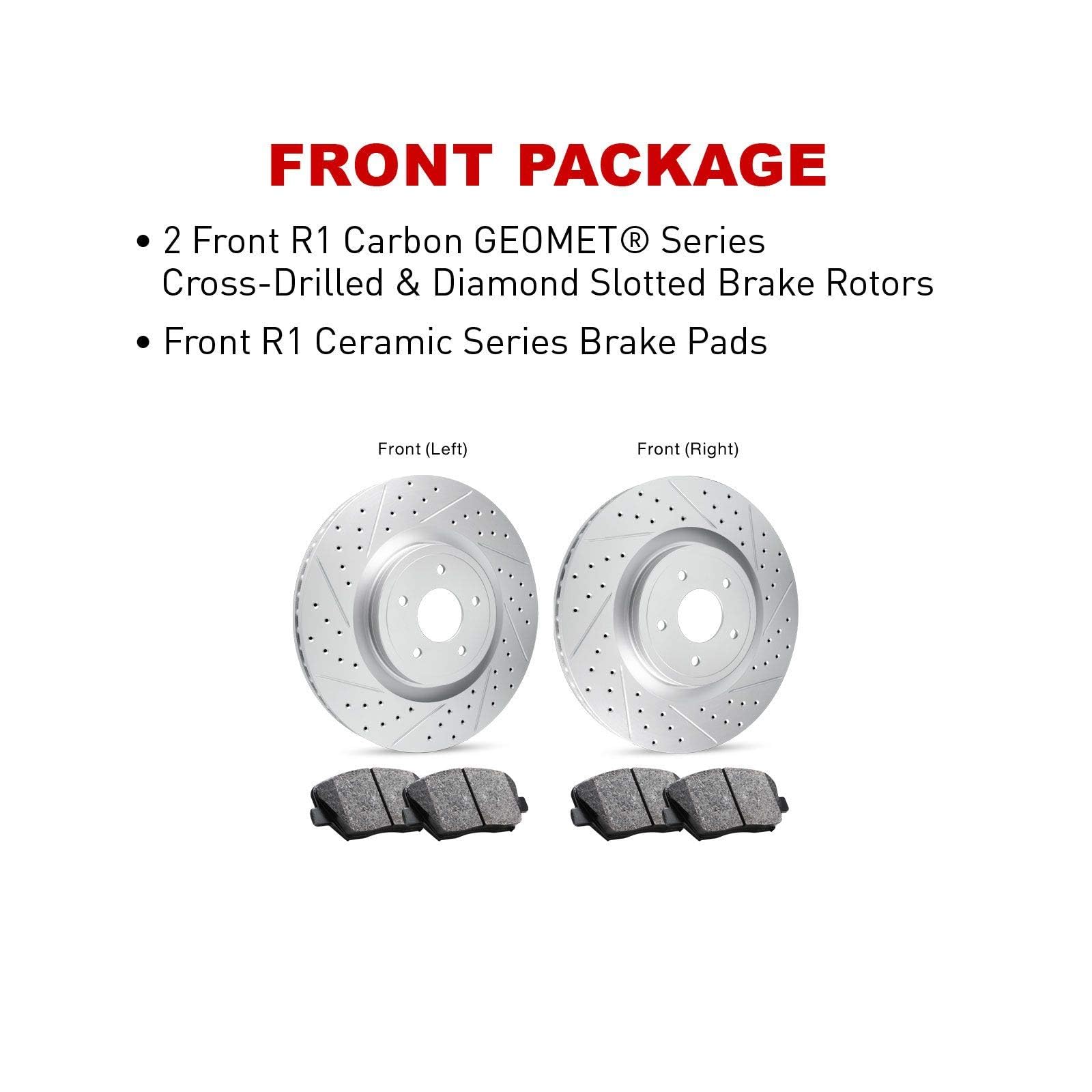 R1 Concepts Carbon Geomet Front Brake Rotors Kit with Ceramic Pads - Drilled & Slotted Performance Brakes for Cars, Trucks & SUVs - Perfect for Racing, Off-Road & Daily Driving