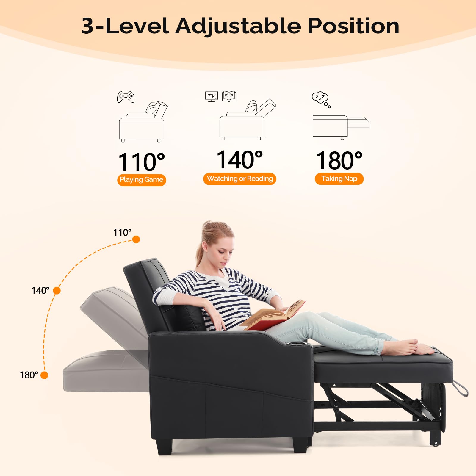 VINGLI 3-in-1 Convertible Sleeper Sofa Chair Bed - Recliner with Adjustable Backrest, USB Ports & Cup Holders - Black Daybed Pull Out Couch for Small Spaces - Perfect for Living Room, Guest Room & Studio Apartments