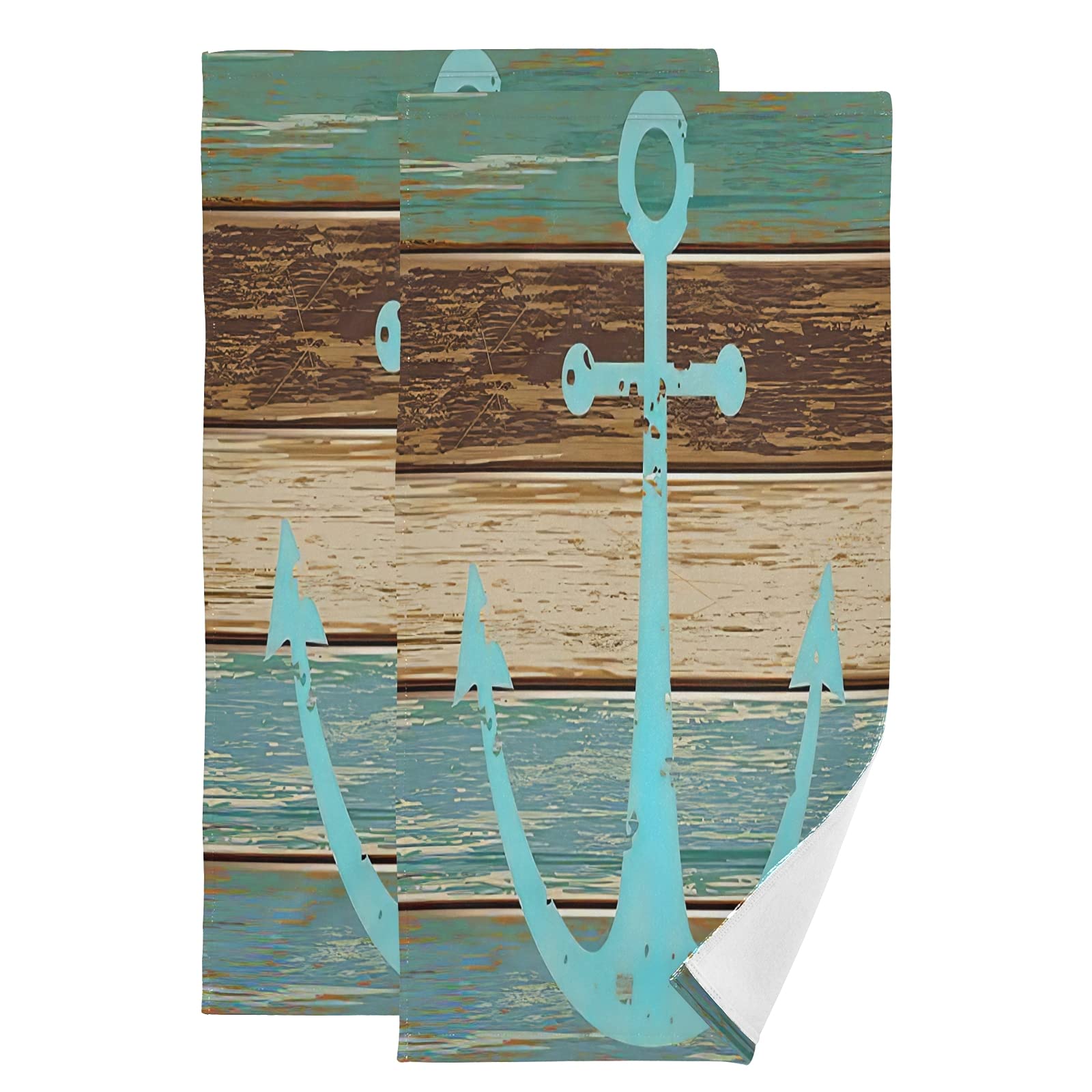 Rustic Brown Turquoise Wood Nautical Anchor Hand Towels 2-Pack | Ultra Soft & Highly Absorbent Bath & Kitchen Towels (28x14.5 Inches) | Perfect for Guest Bathrooms, Coastal Decor & Spa Gifts