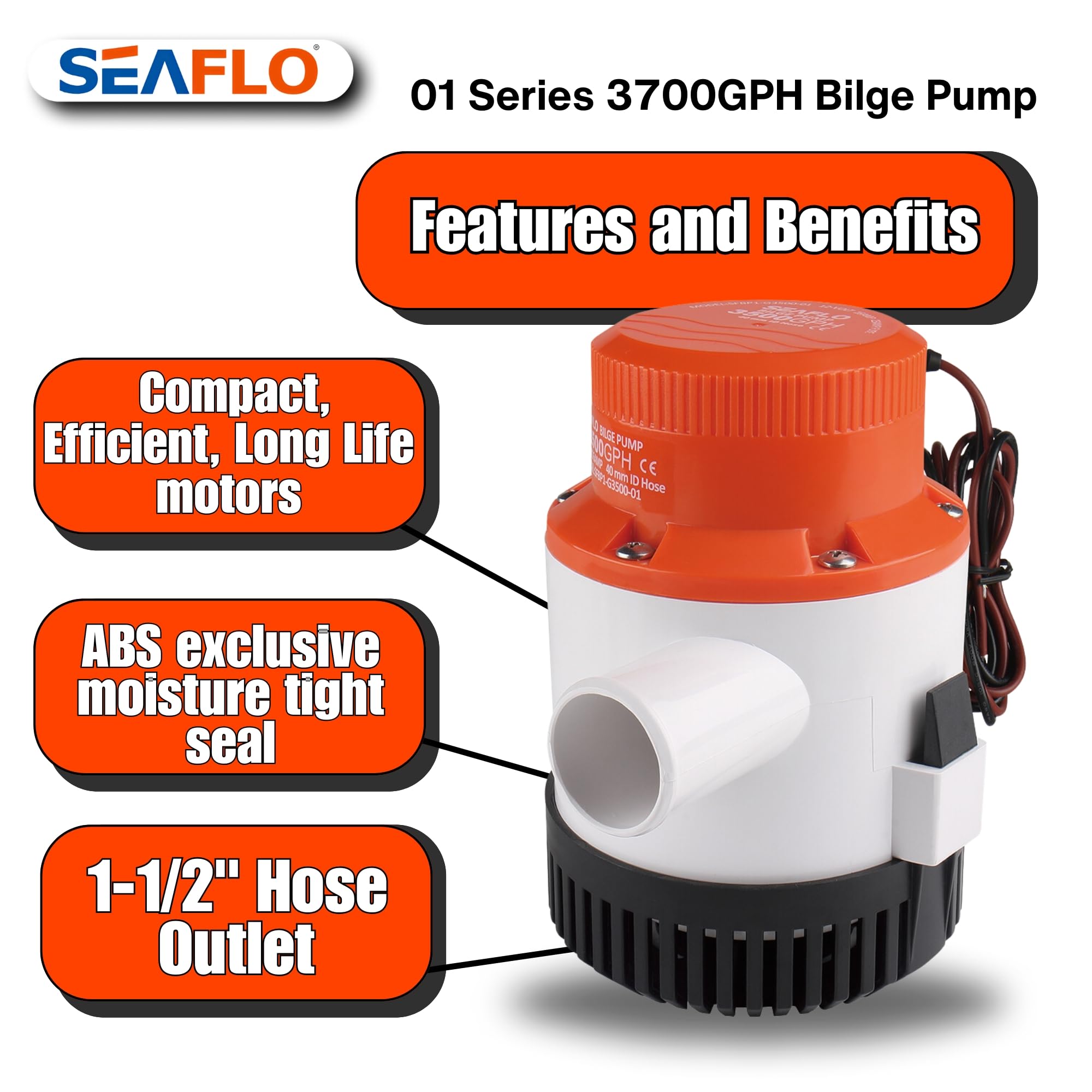 SEAFLO 3700 GPH Electric Marine Bilge Pump - High Capacity Water Removal for Boats, Yachts & Fishing Vessels - Ideal for Flood Prevention & Emergency Water Drainage