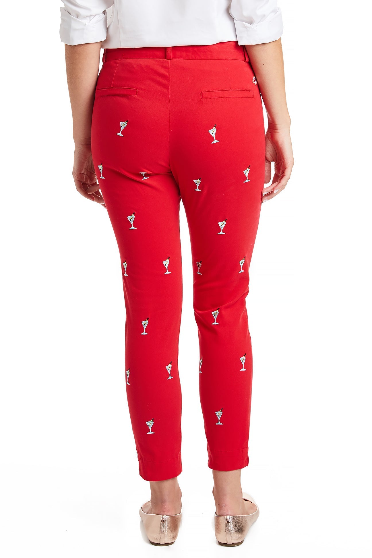 Stretch Twill Ankle Capri Pants in Bright Red with Martini Design - Perfect for Casual Outings, Workwear, and Nightlife Fashion