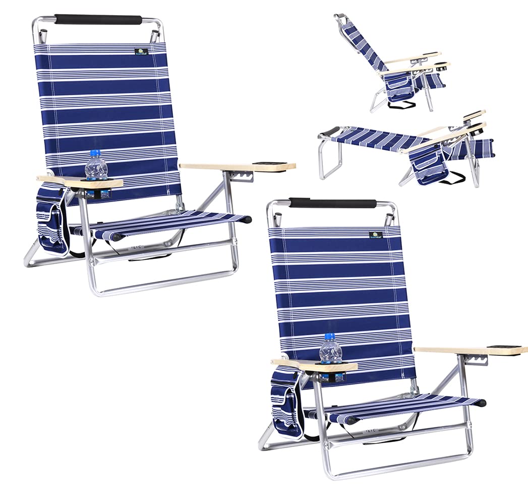 Premium 5-Position Reclining Aluminum Folding Beach Chair with Cup Holder - Comfortable Portable Lounge Chair for Adults, Patio, Poolside & Outdoor Relaxation (Set of 2) - Perfect for Beach Vacations, Backyard BBQs, Camping & Summer Outdoor Activities