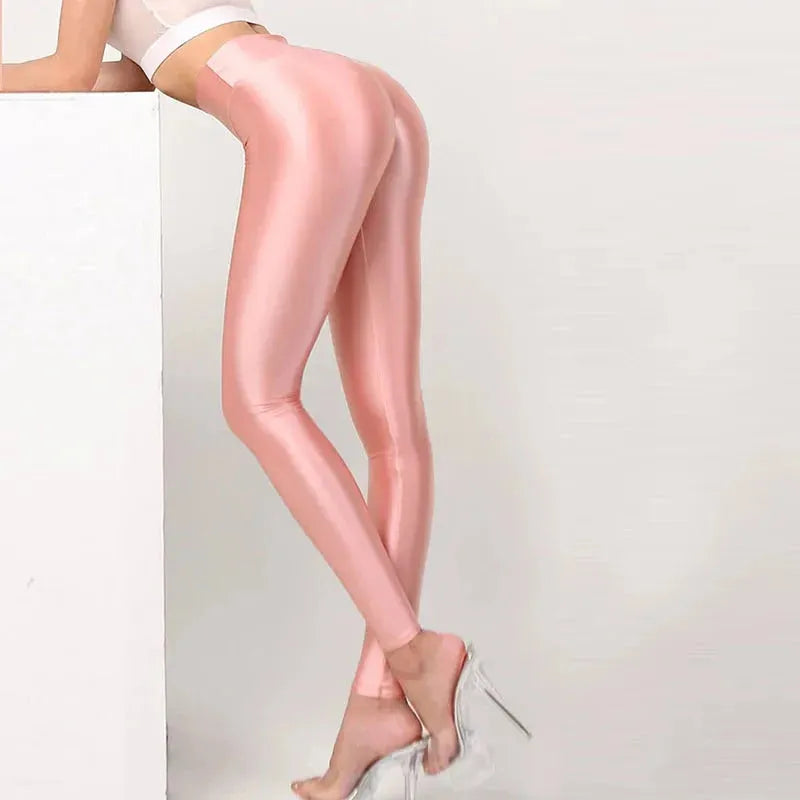 Seamless Satin Glossy High Waist Yoga Pants for Women - Sexy Tight Silk Leggings, Plus Size Workout Pants, Shiny Sports Tights for Fitness, Dance & Lounge Wear