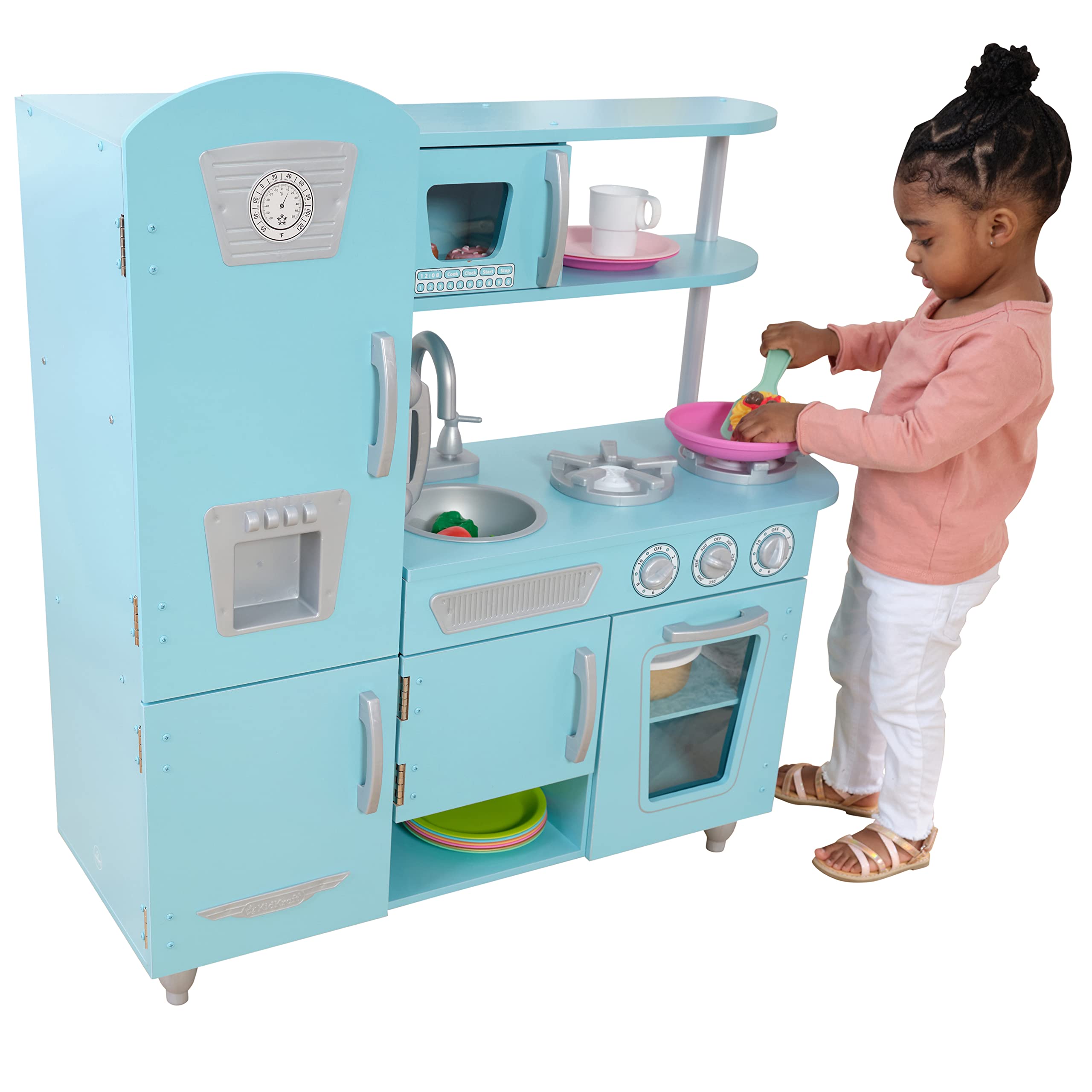 KidKraft Vintage Wooden Play Kitchen Toy for Kids - Blue Pretend Kitchen with Ice Maker & Play Phone | Perfect for Pretend Play, Role-Playing & Early Childhood Development